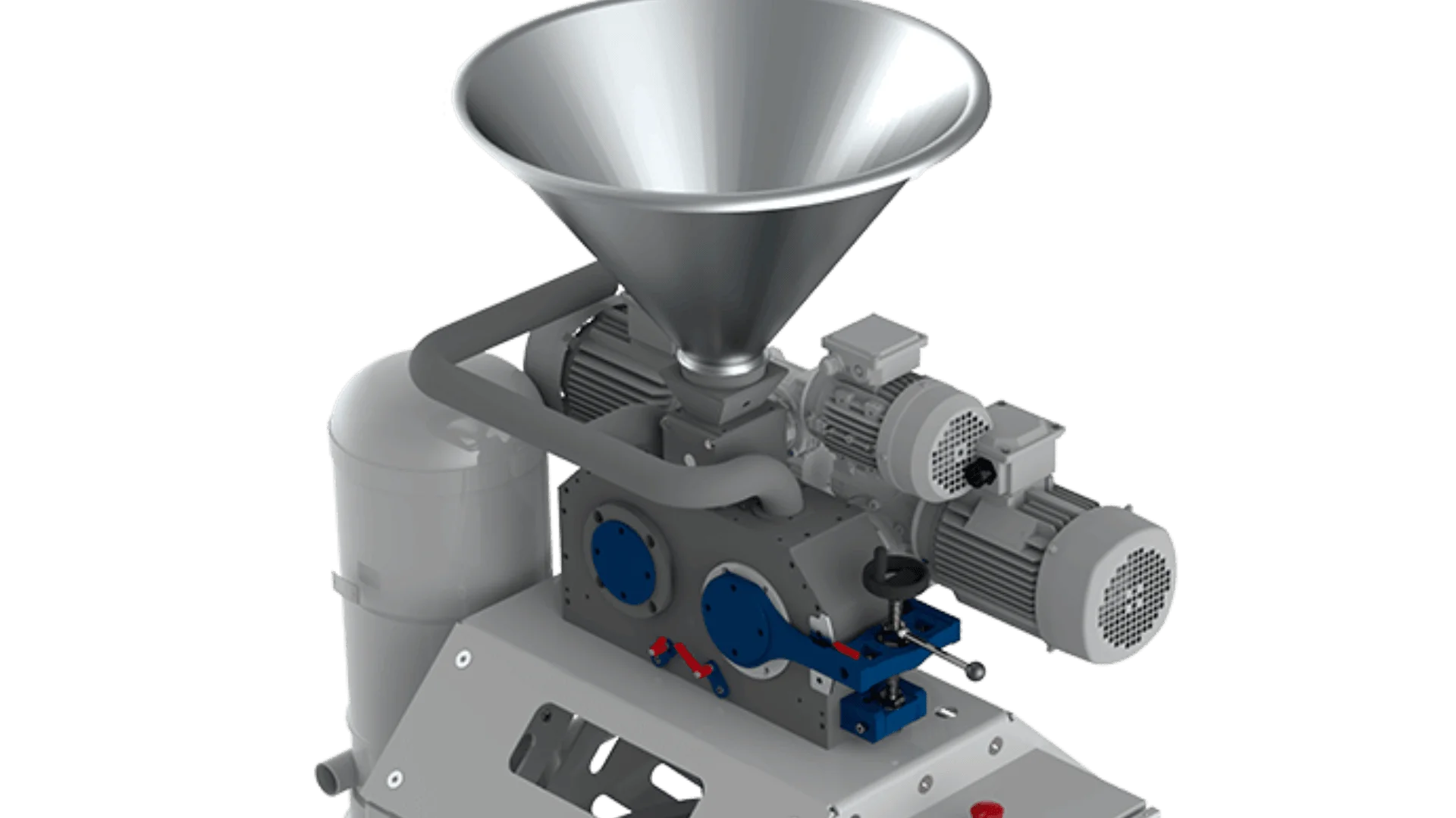 Eine 3D-gerenderte Industriemaschine mit einem großen Metalltrichter an der Spitze, zwei zylindrischen Motoren und verschiedenen Rohren und blauen Steuerventilen auf einem stabilen Sockel.