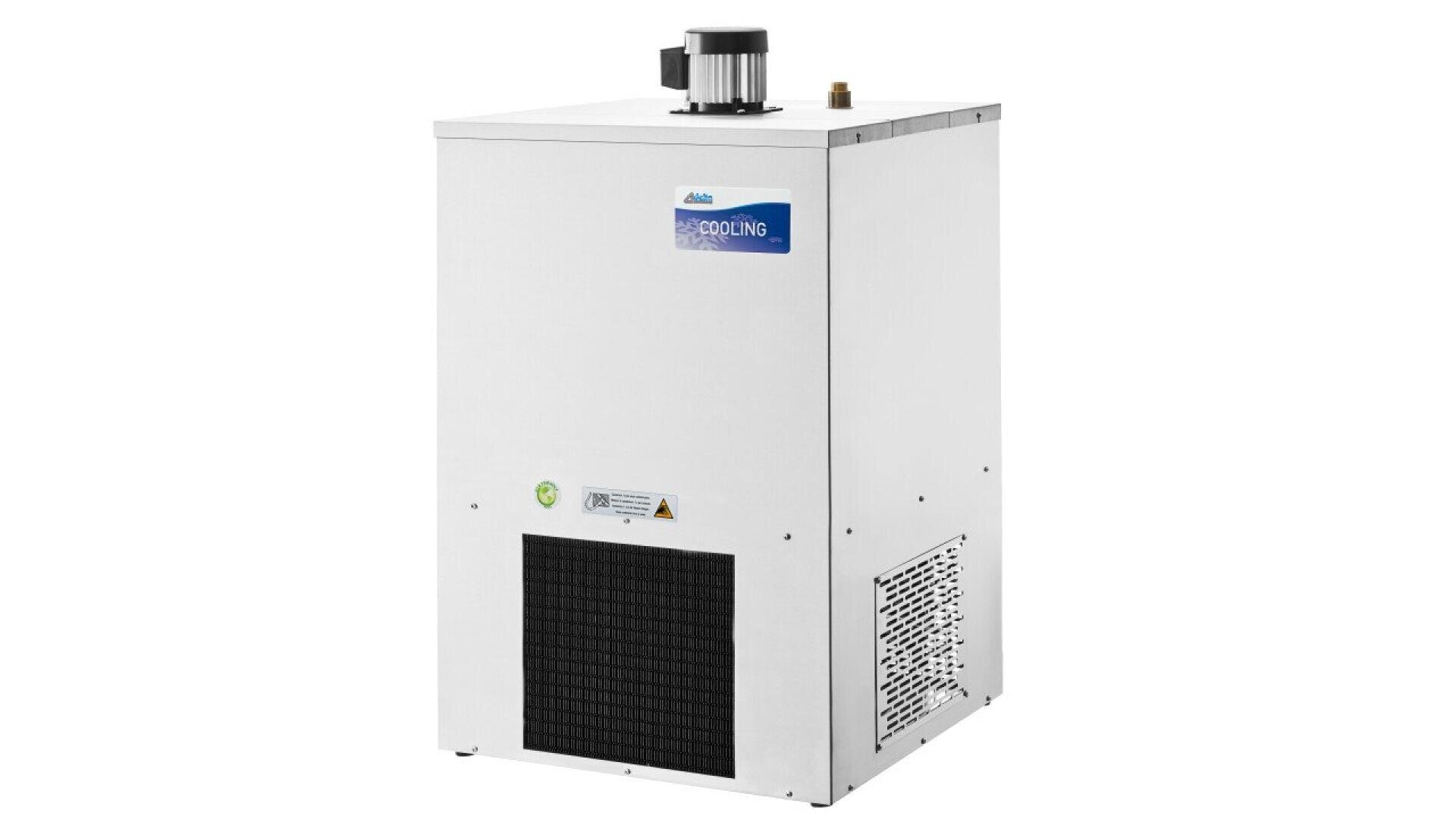 A white industrial water chiller unit with ventilation grilles, a control knob, and a blue Cooling label on the front, standing on a white background.