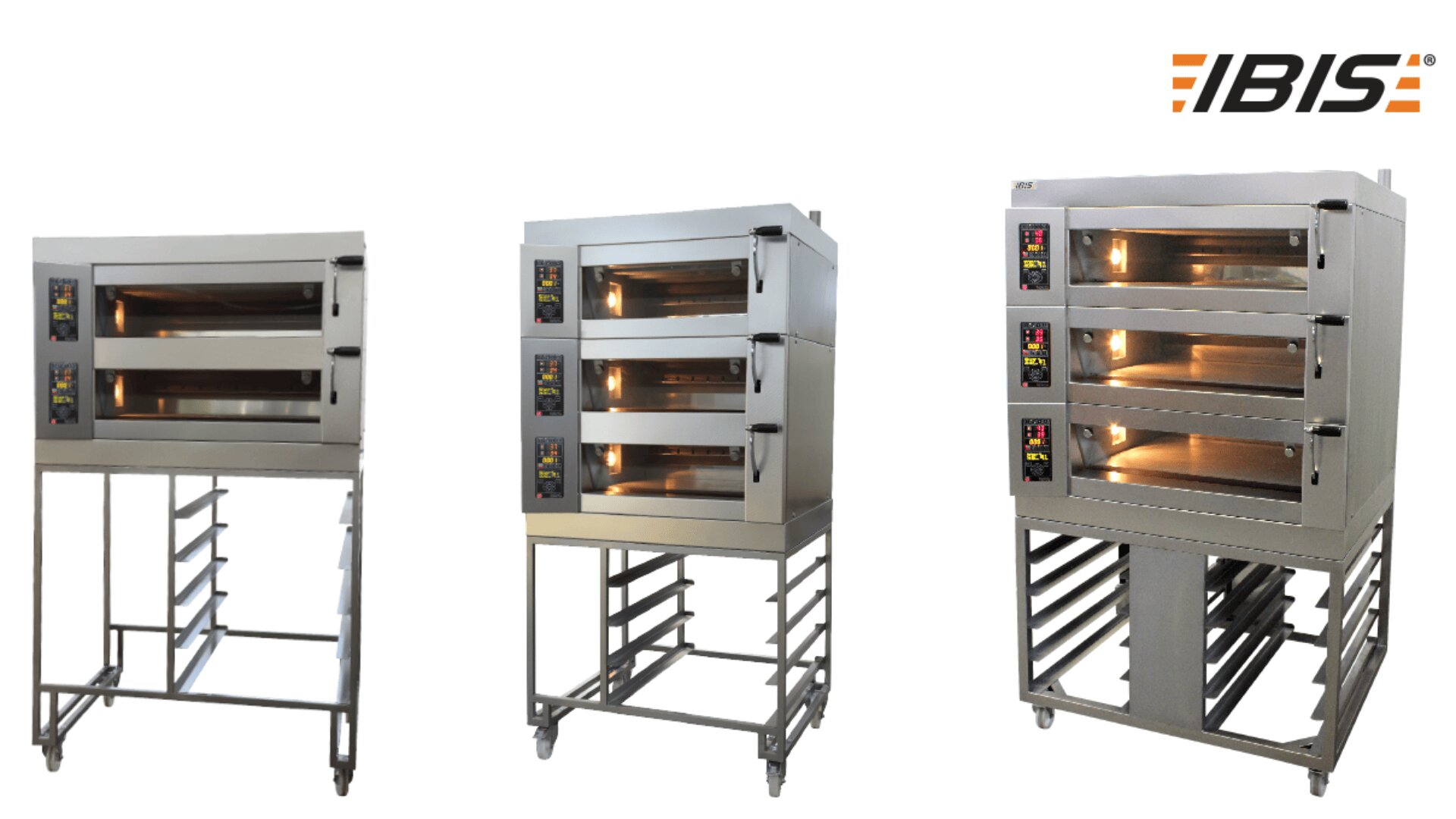Three stainless steel commercial bakery ovens with digital controls, each on a metal rack with shelves underneath, are displayed against a white background with the IBIS logo in the top right corner.