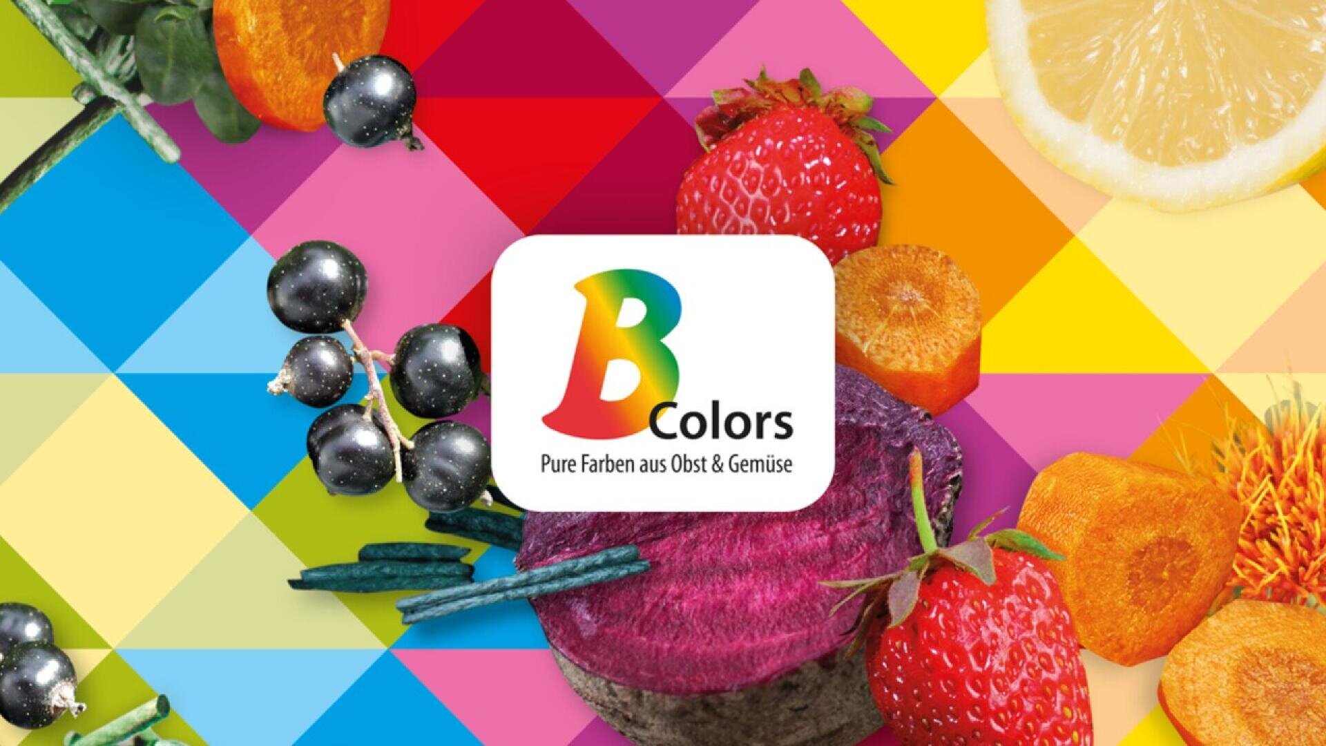 A colorful background with geometric patterns features various fruits and vegetables, including strawberries, lemon, berries, carrot, and beet. The center displays a white logo with a rainbow B and the words Colors Pure Farben aus Obst & Gemüse.
