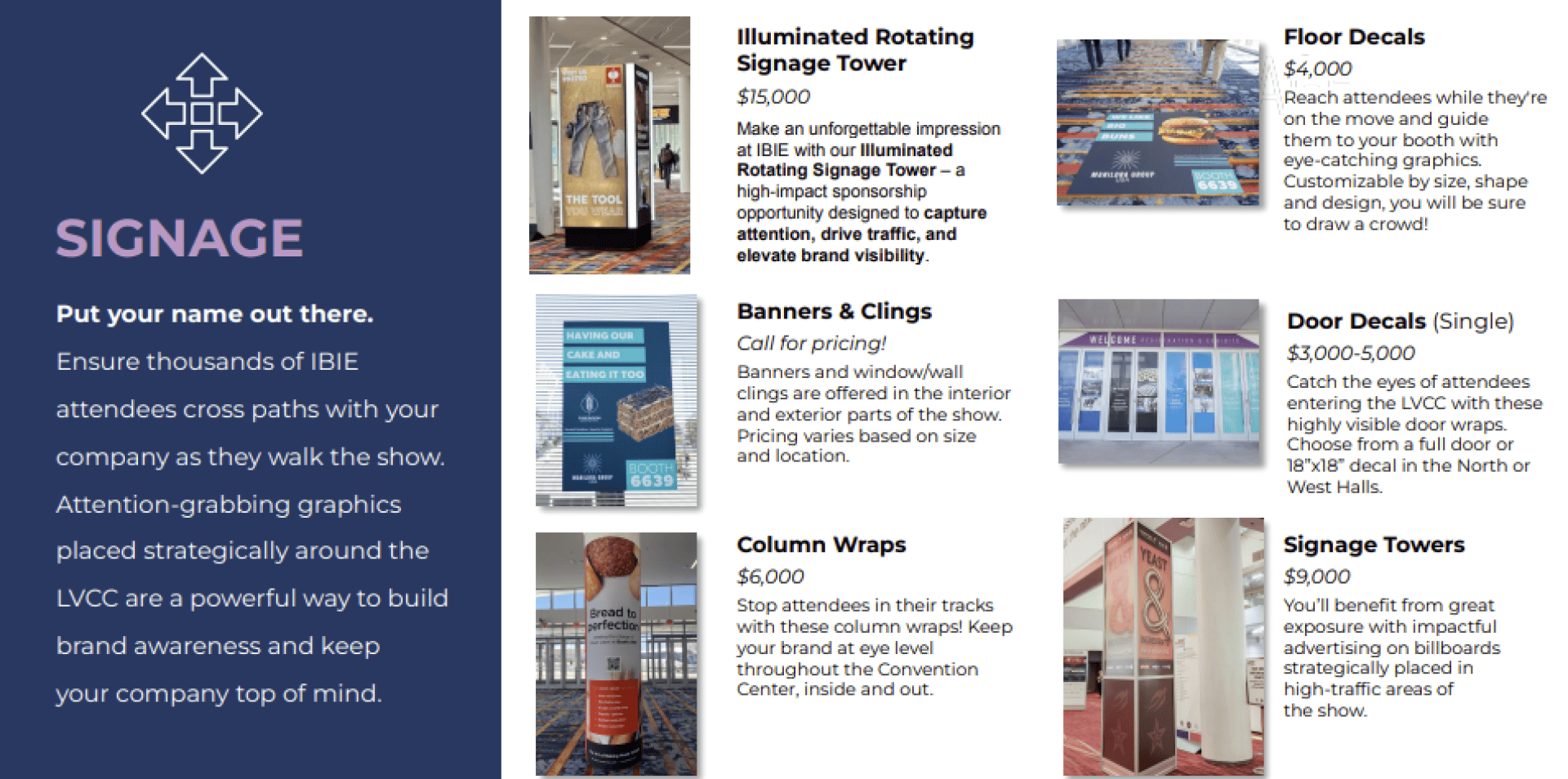 A signage advertising page displays images and descriptions of various promotional sign types: an illuminated tower, banners, column wraps, floor decals, door decals, and signage towers, each positioned at a convention center.