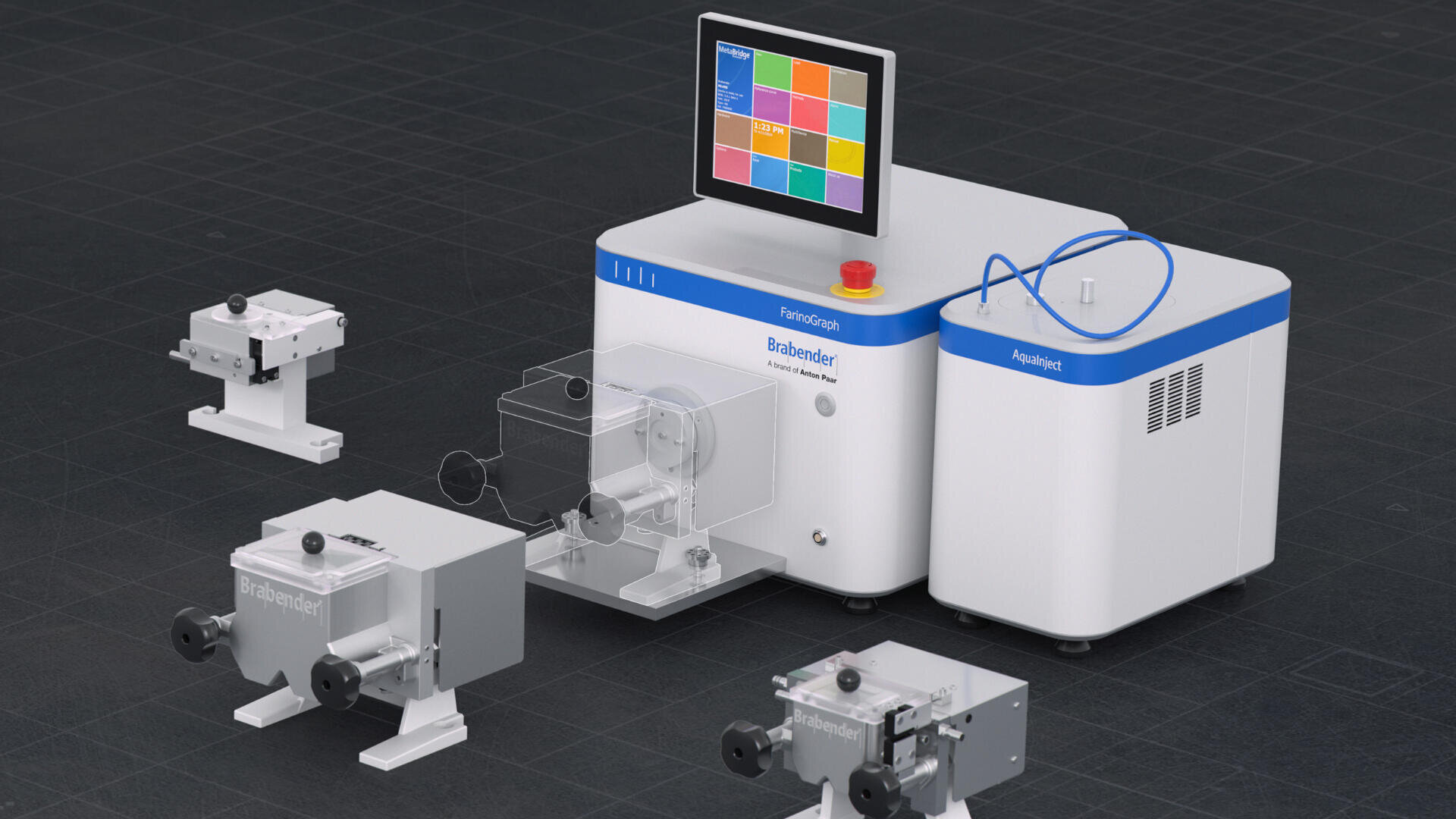 Eine Labormaschine mit einem Touchscreen-Display, auf dem bunte Kacheln zu sehen sind, die an ein weißes Gerät mit der Aufschrift AquaPrint angeschlossen sind, umgeben von kleineren metallischen Aufsätzen auf einer dunklen, gitterartigen Oberfläche.