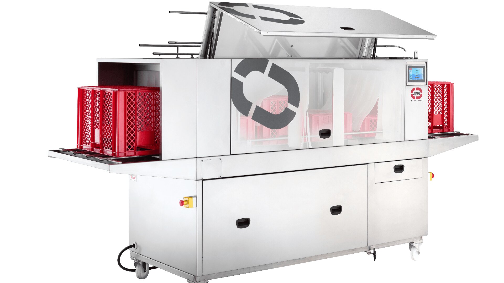 Eine große industrielle Waschmaschine mit einem Gehäuse aus rostfreiem Stahl, offenem Deckel, digitalem Bedienfeld und roten Kunststoffkisten an der Be- und Entladeseite.