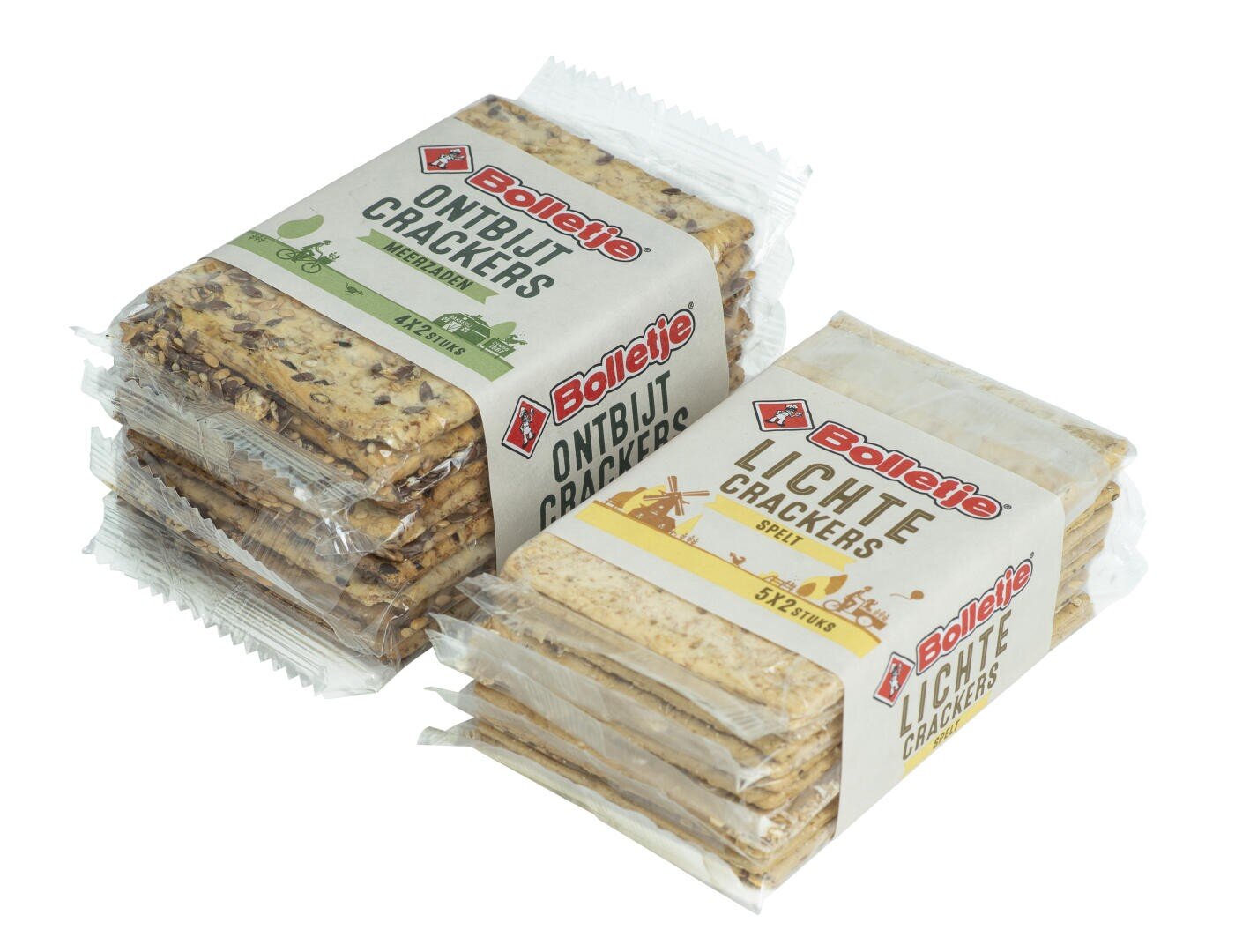 Two packs of Bolletje brand crackers, one labeled Ontbijt Crackers with seeds and grains, and the other labeled Lichte Crackers with five grains. Both are wrapped in clear plastic packaging.