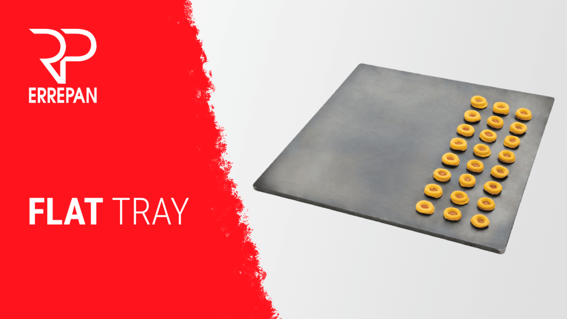 A metal flat tray with evenly spaced yellow round pastries on it. To the left, the Errepan logo and the words FLAT TRAY are on a red and white background.