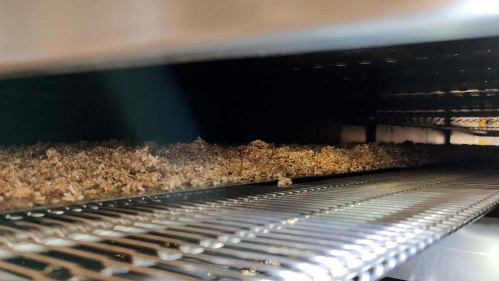 Nahaufnahme eines Förderbands in einer Lebensmittelverarbeitungsmaschine mit einer Schicht aus braunem, krümeligem Material, das durch die Anlage transportiert wird.