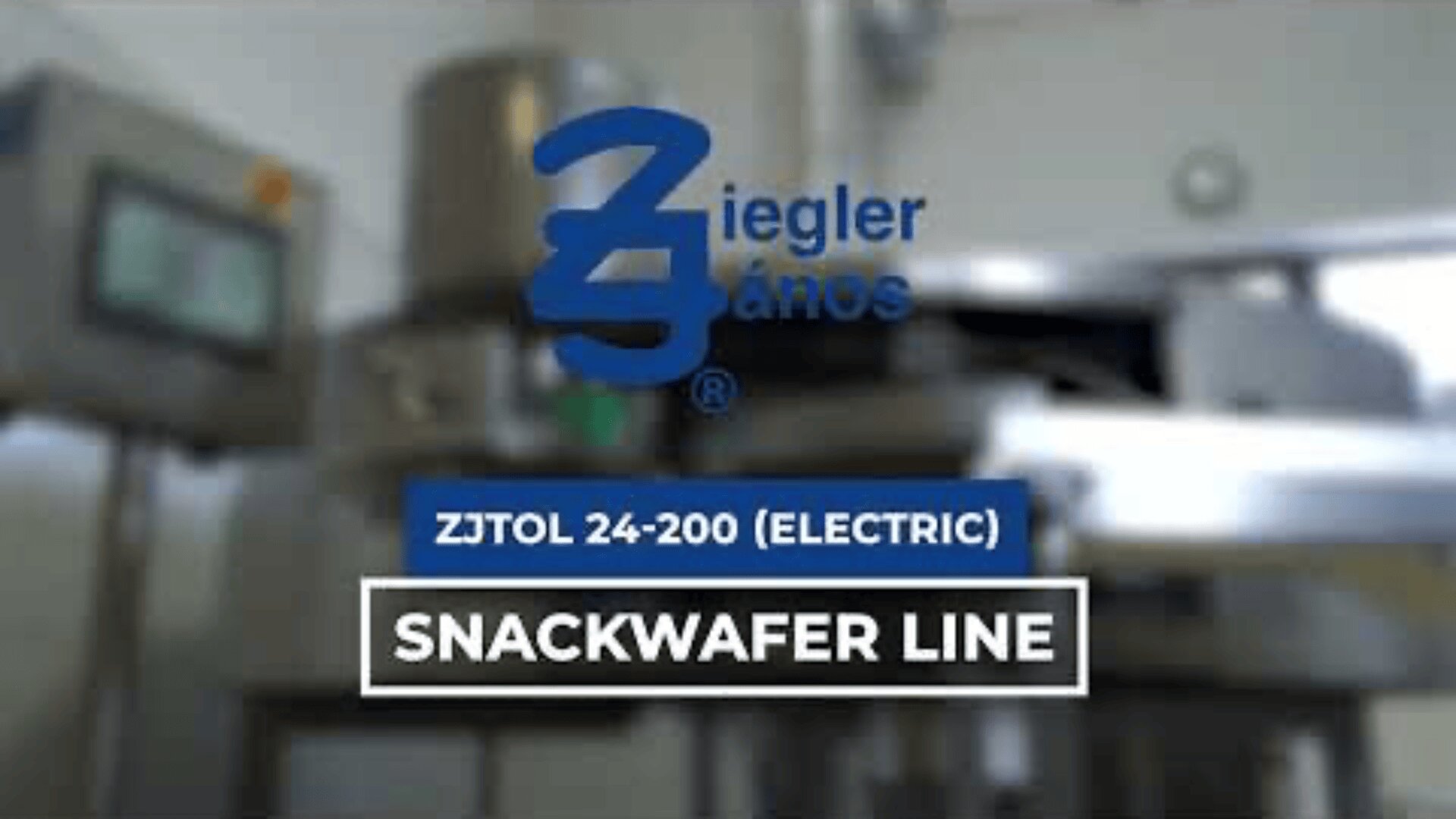 A blurred industrial setting with the blue Ziegler János logo and text: ZJTOL 24-200 (ELECTRIC) and SNACKWAFER LINE overlaid in white boxes.