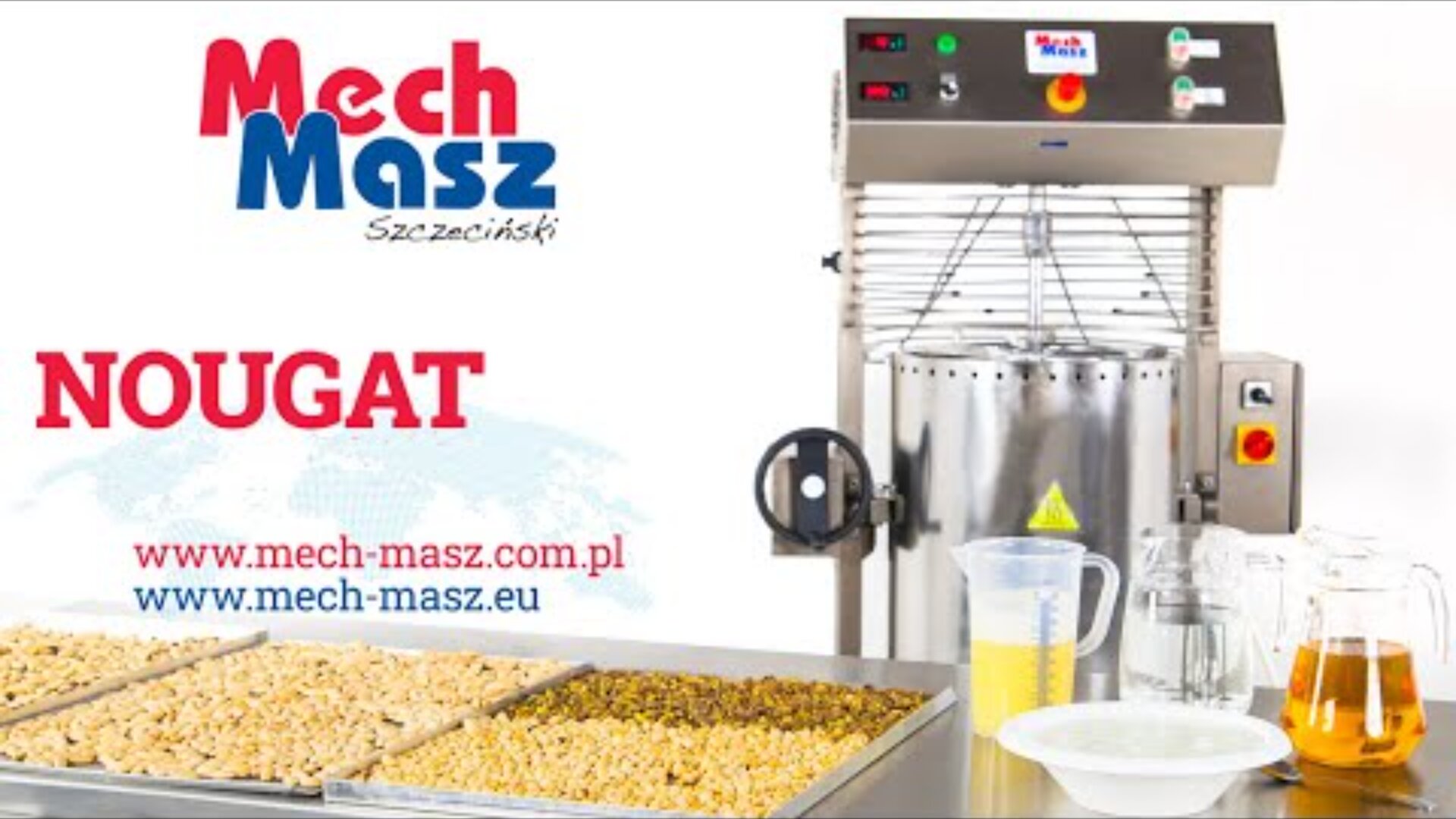 Commercial kitchen setup for nougat making, featuring a large mixing machine with the Mech-Masz logo, trays of chopped nuts, a measuring jug of water, and a jug of syrup on a white background.