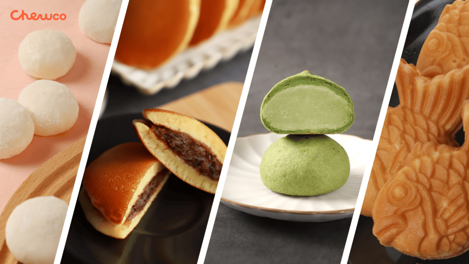 A collage showing four Japanese desserts: round mochi, dorayaki with red bean filling, green matcha mochi with filling, and fish-shaped taiyaki pastries. The Chewco logo is in the top left corner.