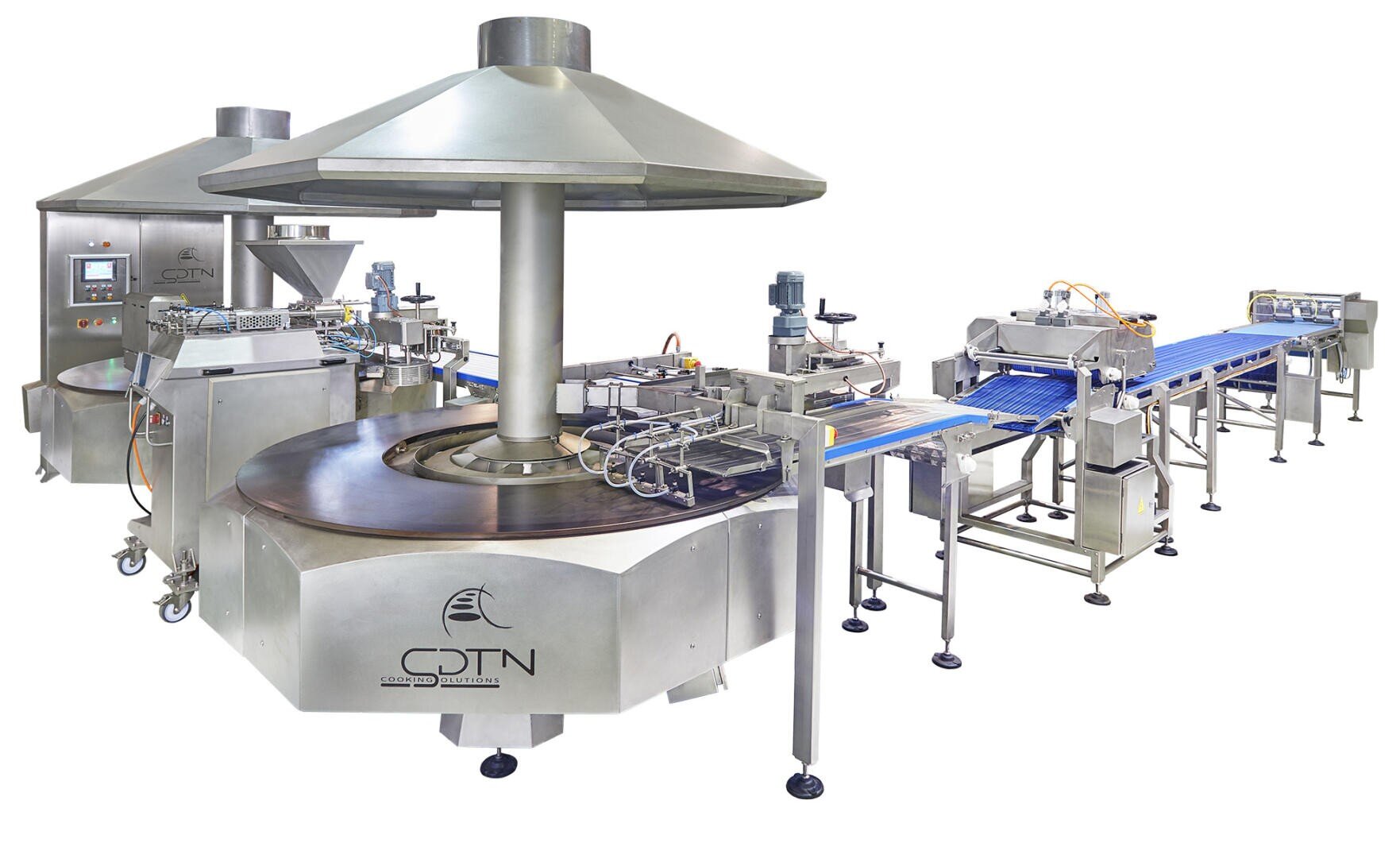 Industrial food processing machine with a large circular stainless steel unit, control panels, and a blue conveyor belt system, used for automated dough or pastry production.