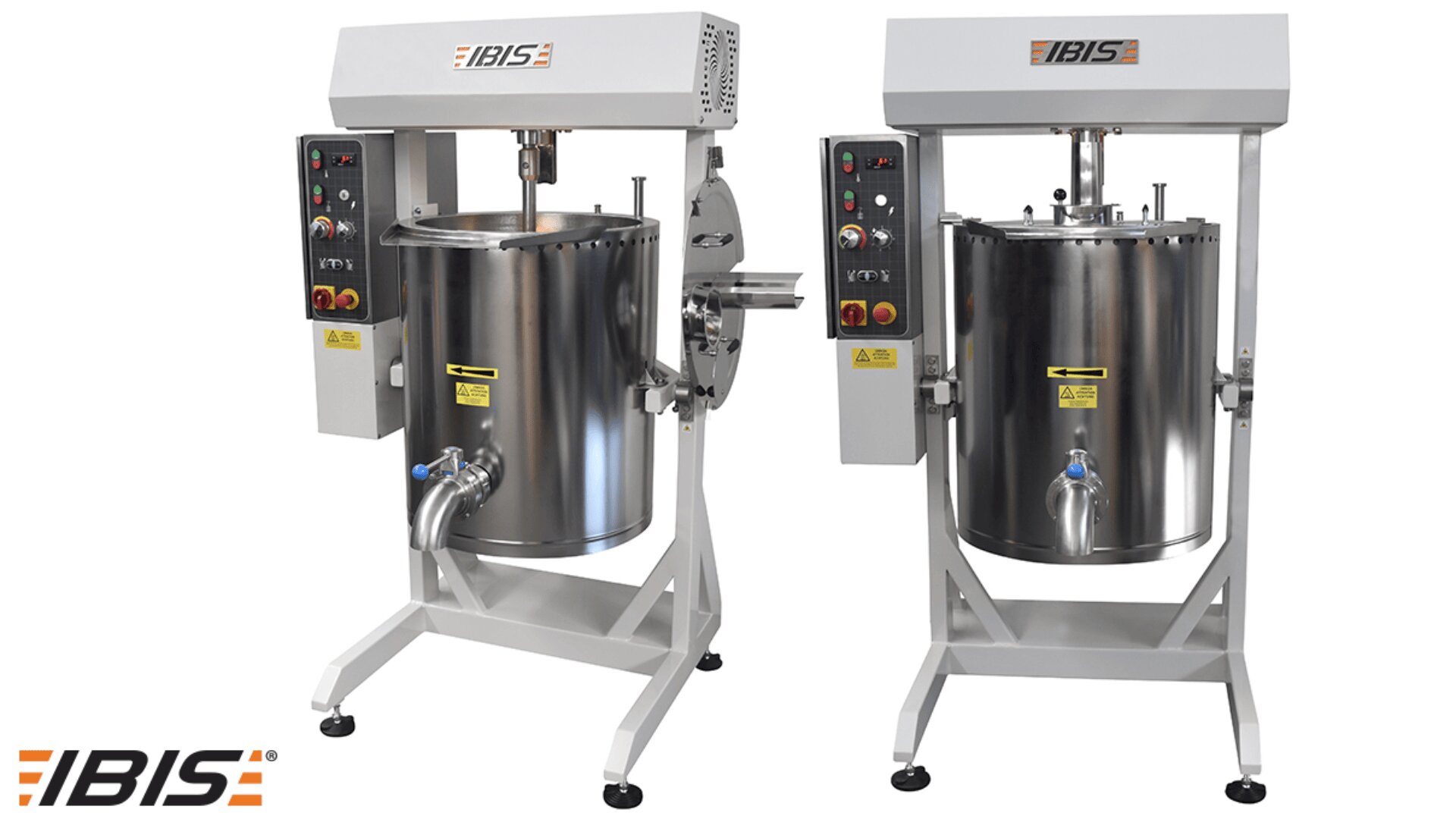 Two large industrial mixing machines with control panels and stainless steel tanks, made by IBIS, are positioned side by side on white stands. The IBIS logo appears in the bottom left corner.