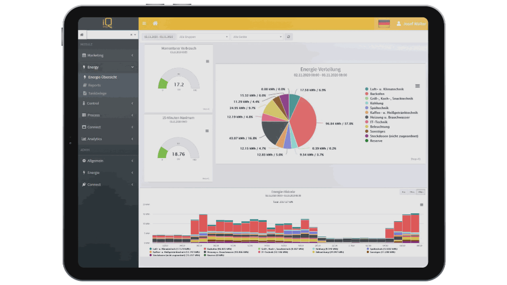 Auf dem Bildschirm eines Tablets wird ein Dashboard mit Energiedaten angezeigt, darunter Tortendiagramme, ein Balkendiagramm und ein Menü in der Seitenleiste auf Deutsch. Das Dashboard zeigt Metriken zur Energieverteilung an, und der Benutzer Josef Maibaum ist eingeloggt.