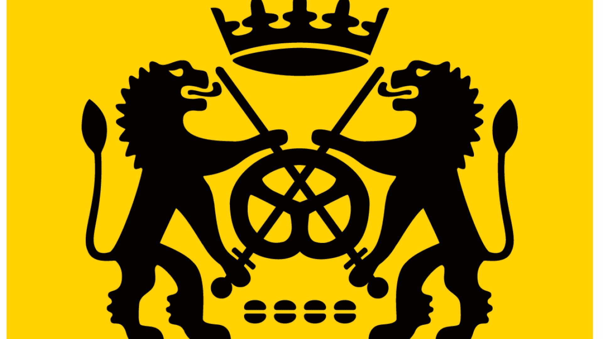 A black heraldic emblem on a yellow background, featuring two lions standing on hind legs, facing each other, holding crossed swords and a wheel, with a crown above them and six dots at the bottom.