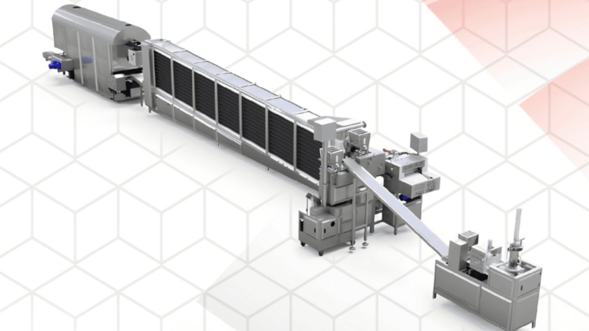 A large industrial food processing machine with multiple connected metal sections, including conveyors and mechanical components, displayed on a white background with faint geometric patterns.
