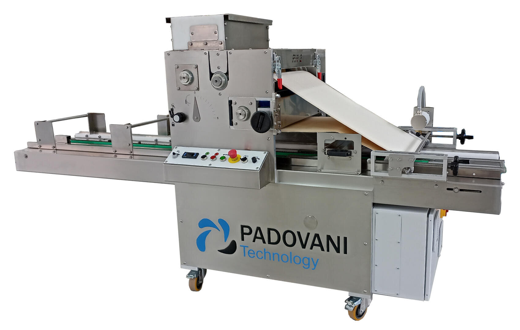 A large industrial machine for food processing with a conveyor belt, control panel, and metal components. The words PADOVANI Technology are printed on the front. The machine is on wheels for mobility.