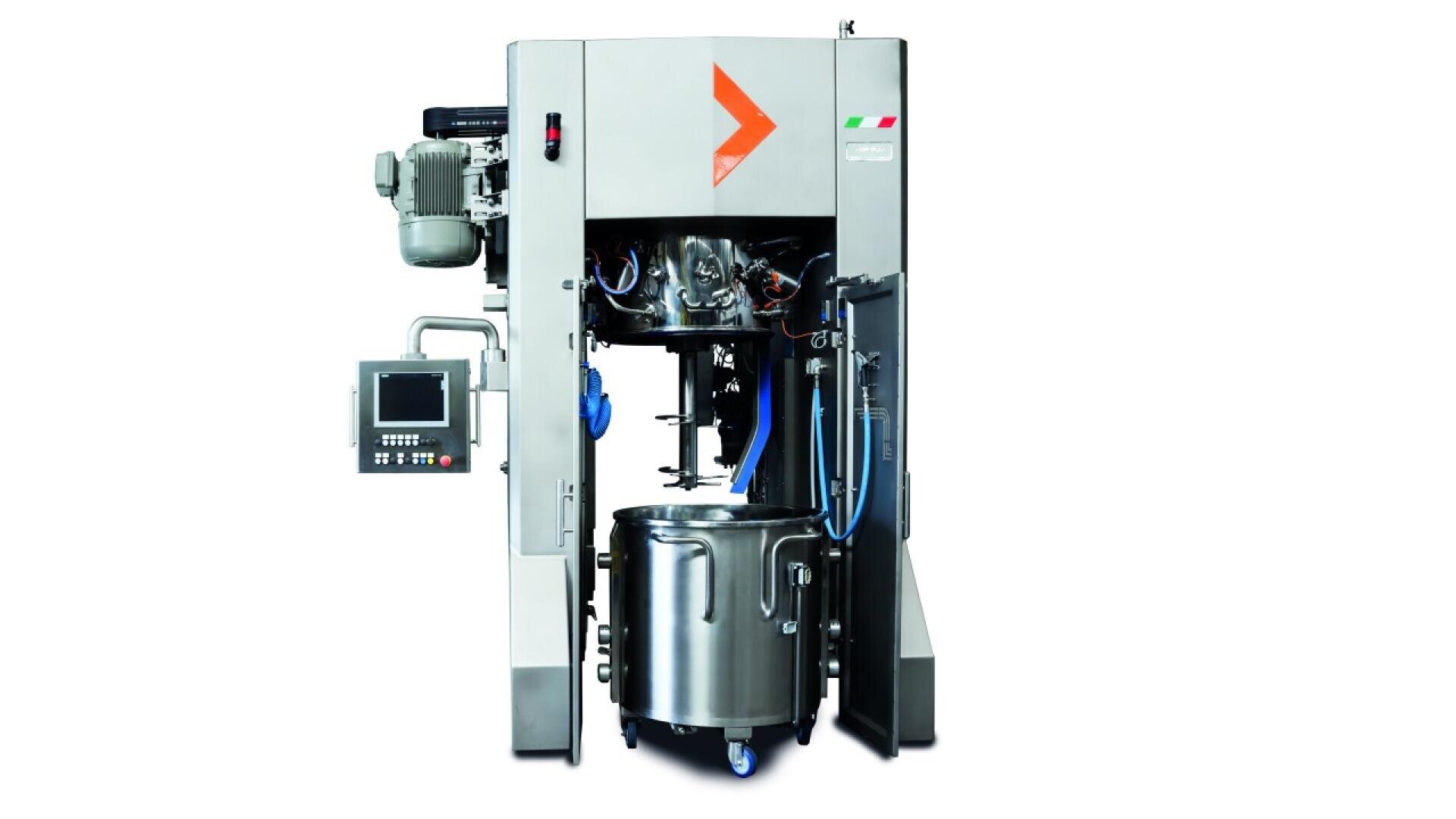 Eine Industriemaschine aus rostfreiem Stahl mit Bedienfeld, Schläuchen und einem großen abnehmbaren Mischbehälter auf Rädern an der unteren Vorderseite. Die Maschine hat einen Bildschirm und mechanische Komponenten sichtbar.