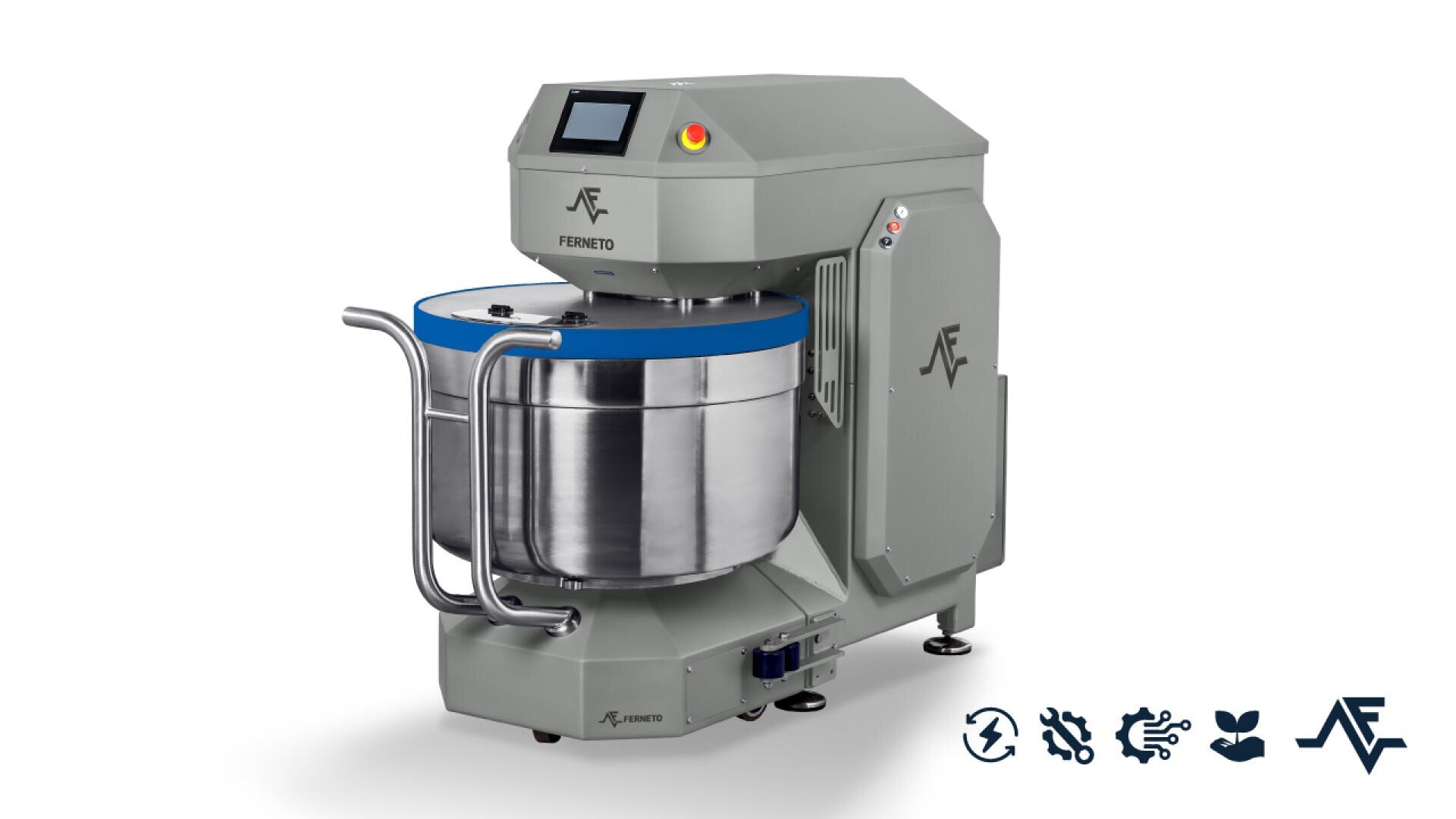 A large industrial dough mixer with stainless steel bowl, control panel and handles, FERMENTO brand. Various icons and the AF logo are depicted in the corner.