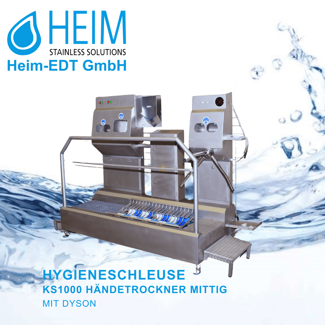 Edelstahl-Hygienestation mit integriertem Händetrockner der Heim-EDT GmbH mit Eingangsschranken, Handreinigungsgeräten und Fußreinigungsbereich, dargestellt mit Firmenlogo und blauem Wasserspritzhintergrund.