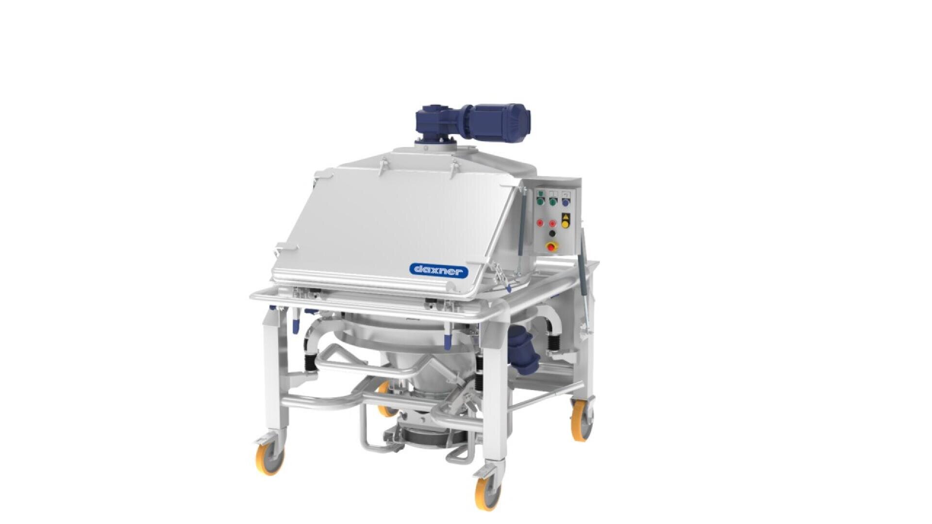 A large industrial stainless steel machine with a control panel, blue motor, and caster wheels, labeled Daxner. The machine has a slanted top cover and piping underneath, used for processing or mixing materials.