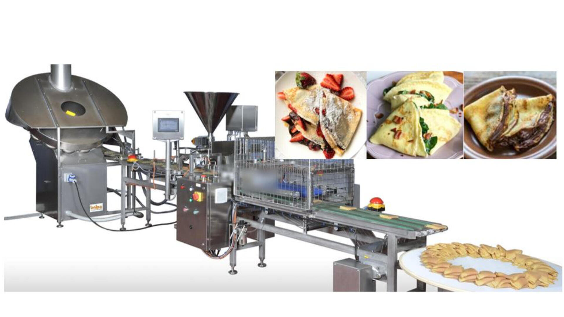 Automated crepe-making machine with conveyor belts and control panels. Above are images of crepes with various fillings, and a table on the right holds neatly arranged finished crepes.