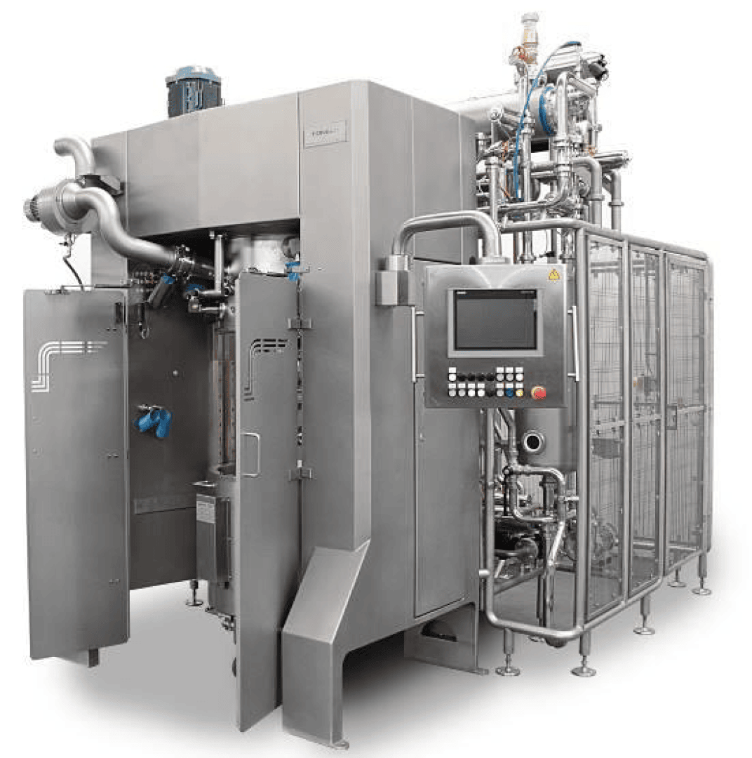 A large, industrial stainless steel food processing machine with open doors, control panel, piping, and various mechanical components visible. The design is modern, with safety barriers and technical features.