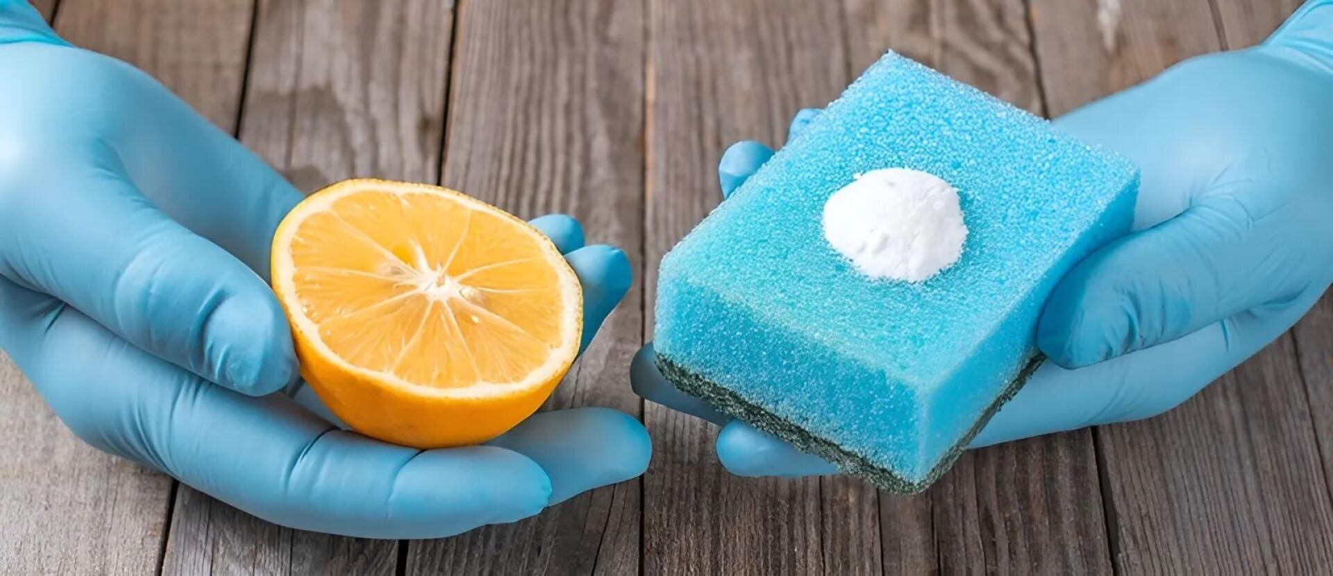 A person wearing blue gloves holds half a lemon in one hand and a blue sponge with white powder, possibly baking soda, on top in the other hand, over a wooden surface.