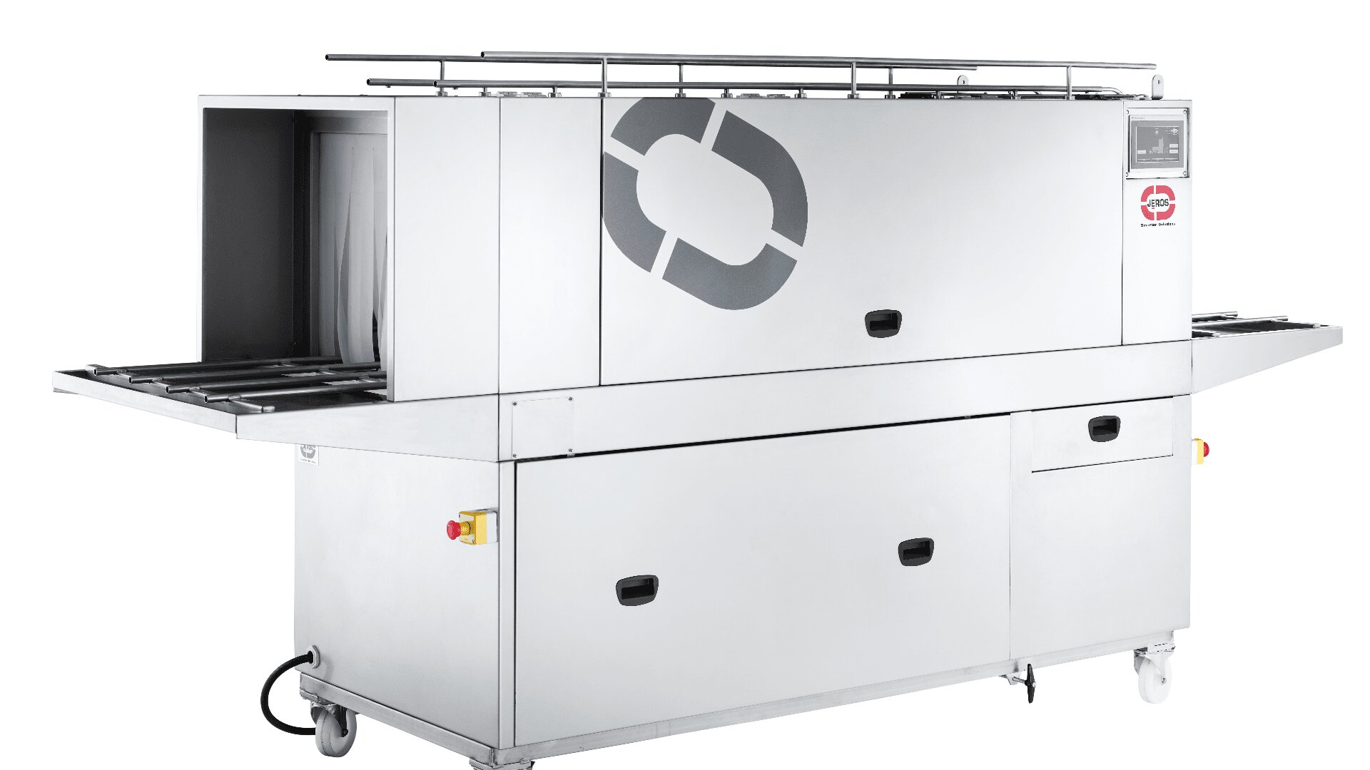 Eine große, industrielle Waschmaschine aus Edelstahl mit Förderbändern, Bedienfeld und Rädern, die für die Reinigung von Tabletts oder Utensilien in gewerblichen oder industriellen Umgebungen konzipiert ist.