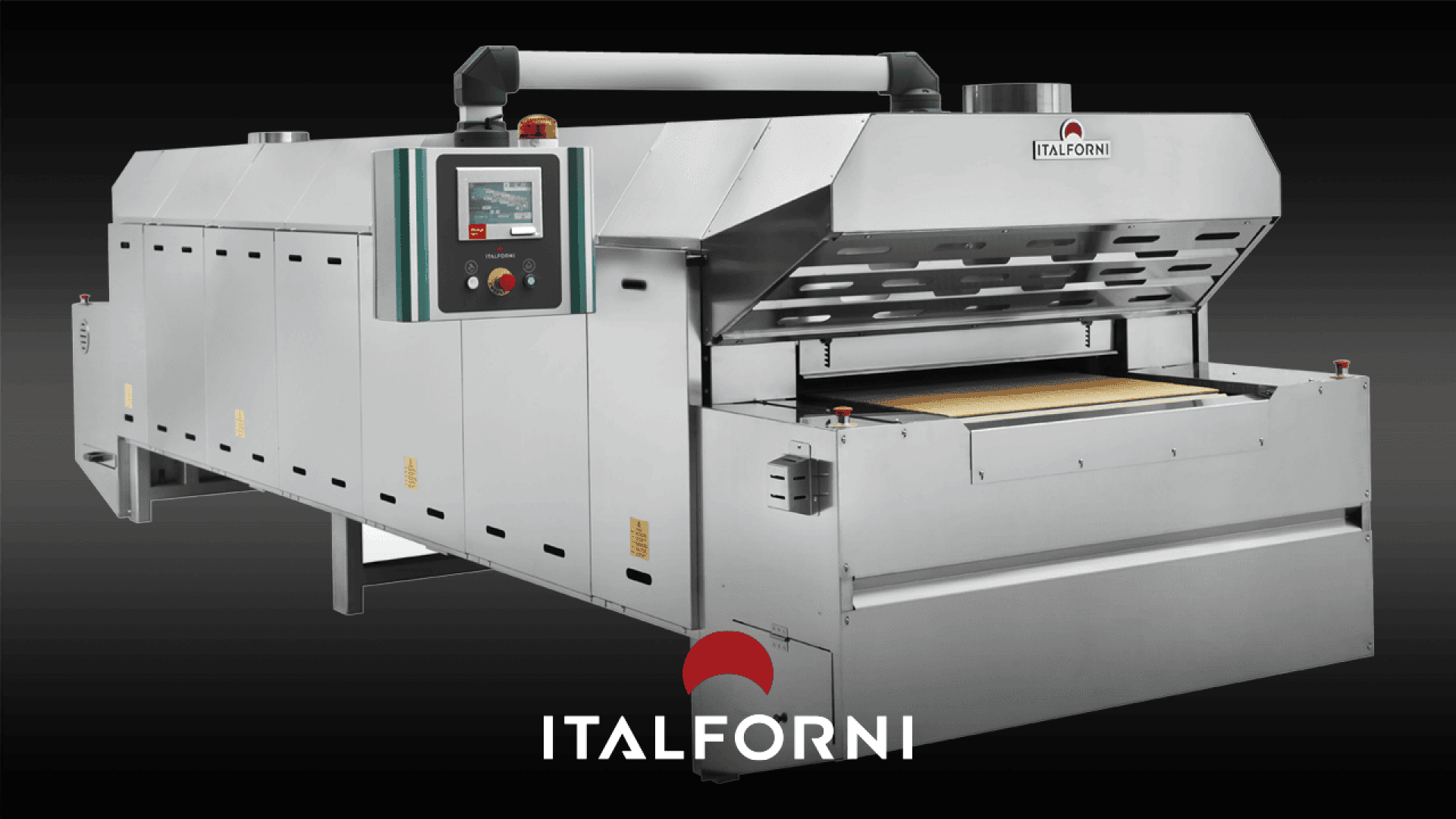 A large industrial Italforni pizza oven with a digital control panel and a conveyor belt, displayed against a dark background with the Italforni logo at the bottom.