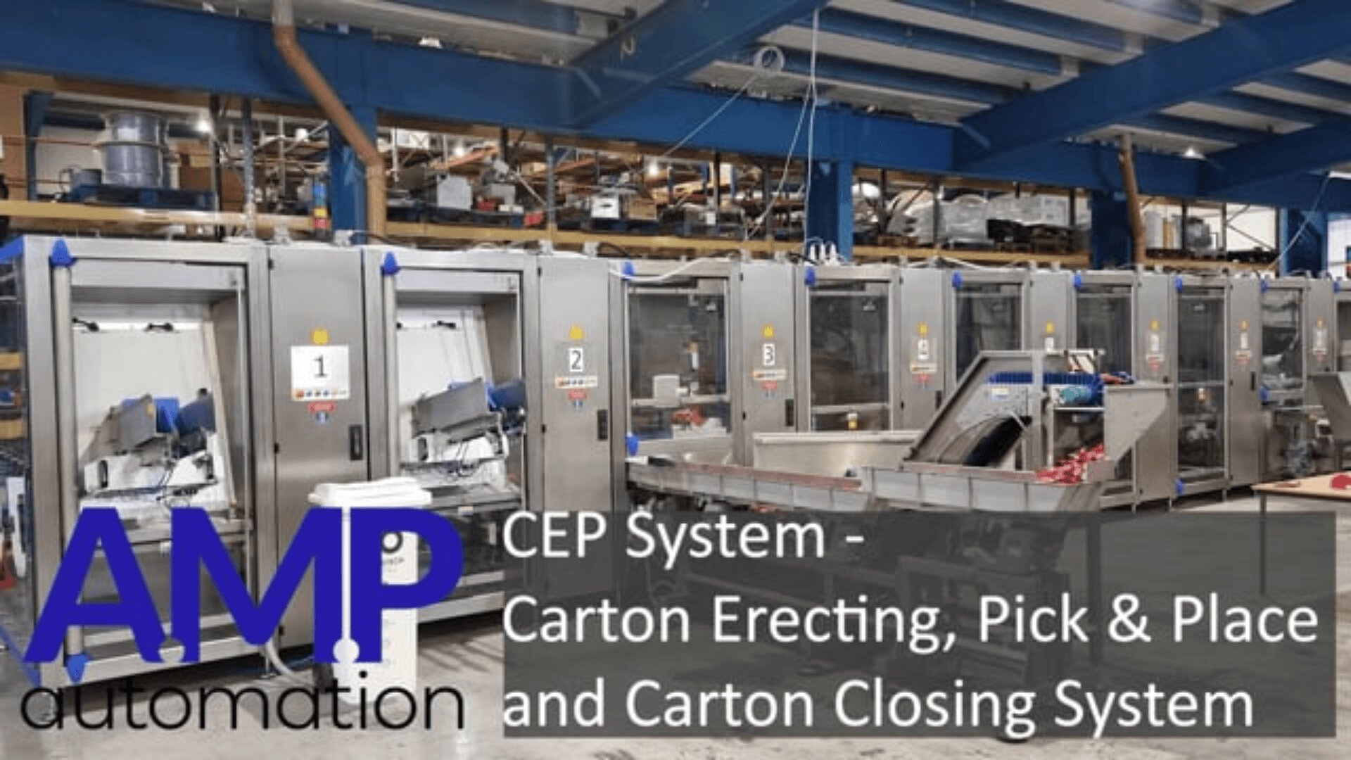 A row of automated machines inside a factory, labeled 1 to 9, with conveyor belts and packaging equipment. Text on the image reads: AMP automation. CEP System - Carton Erecting, Pick & Place and Carton Closing System.