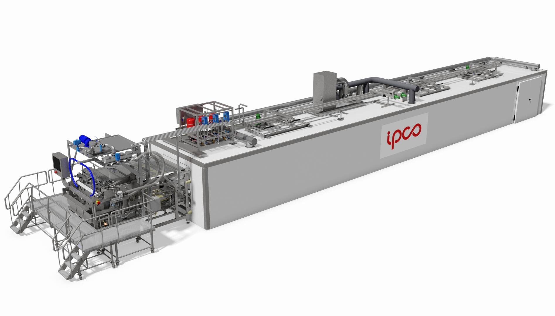 A large industrial food processing machine with walkways and metal components, labeled ipco on the side, designed for automated production in a manufacturing facility.