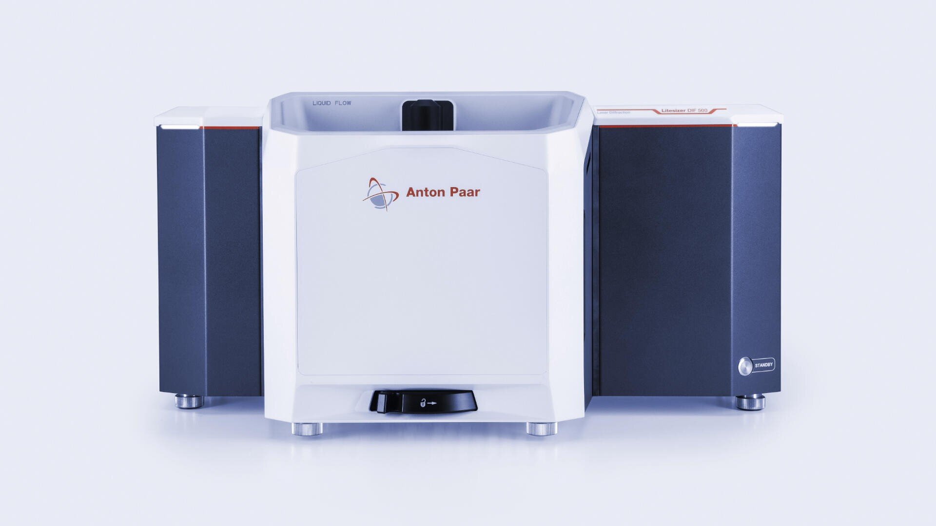 Front view of an Anton Paar laboratory instrument with a white center featuring the company logo, flanked by two black side units; the device appears modern and high-tech.