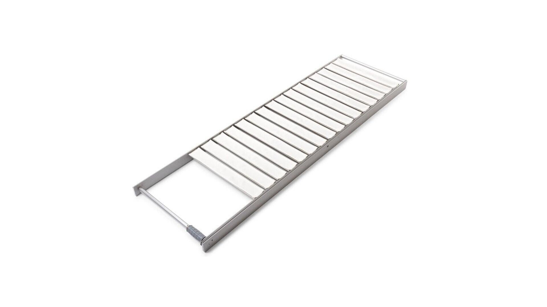 A metal ladder with evenly spaced rungs is shown lying flat on a white background. The ladder appears to be lightweight and portable.