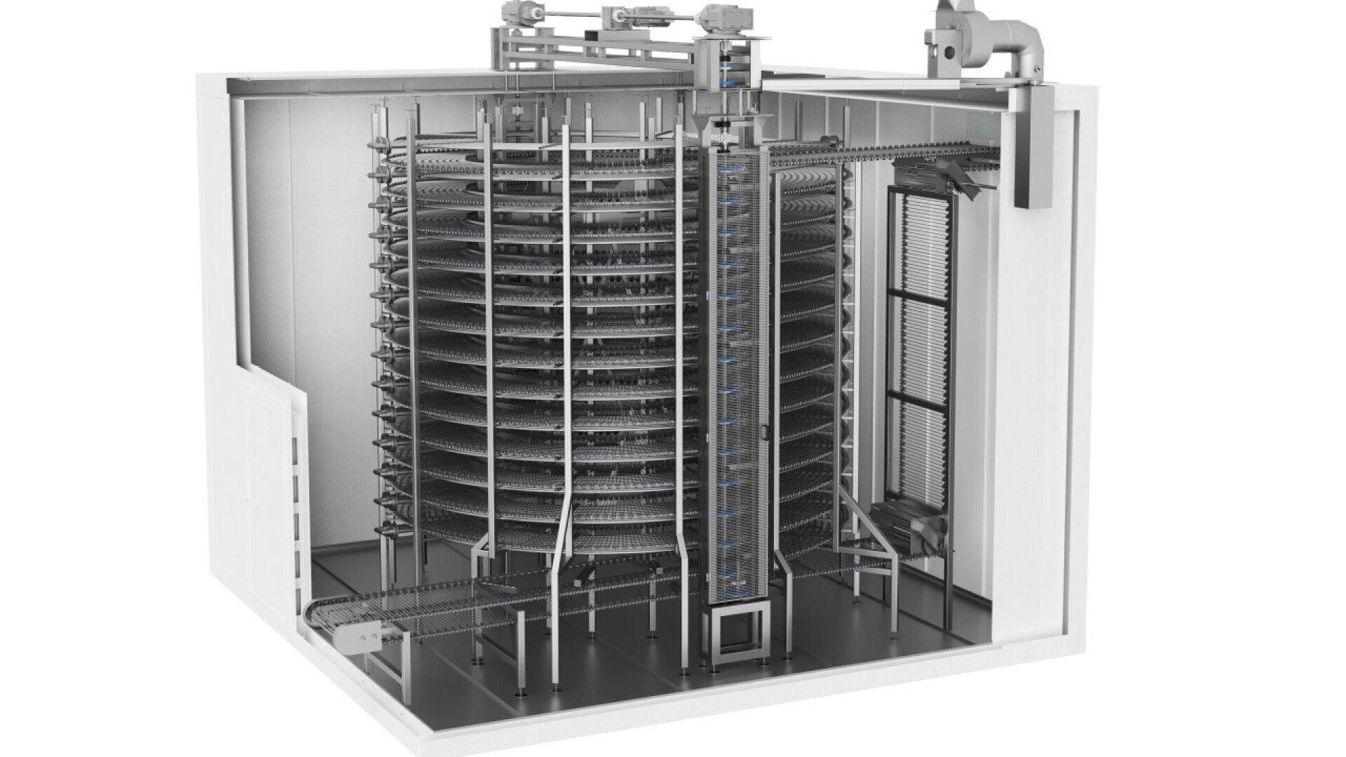 Ein 3D-Rendering eines industriellen Spiralfördersystems in einem Raum mit mehreren übereinander angeordneten Förderbändern, die sich um eine zentrale Säule nach oben winden und oben mit Maschinen verbunden sind.