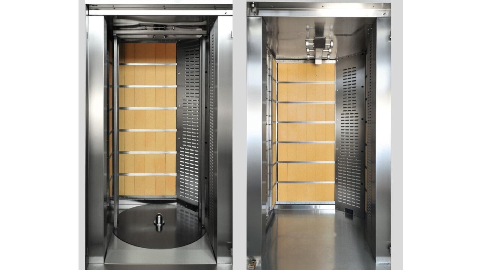 Two views of a stainless steel industrial oven or chamber with perforated metal walls and tan-colored panels at the back, shown empty with reflective surfaces and metal racks inside.