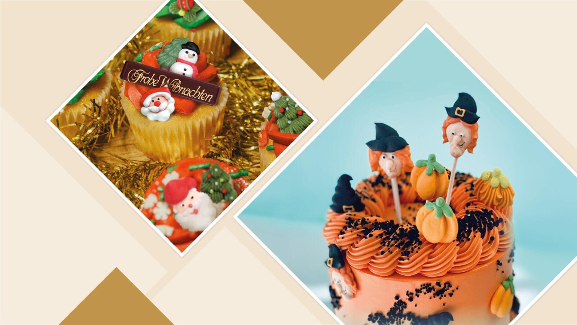 Two images of festive desserts: one shows cupcakes decorated with Santa faces and Christmas toppers, the other shows an orange cake with witch figures, pumpkins, and Halloween-themed decorations.