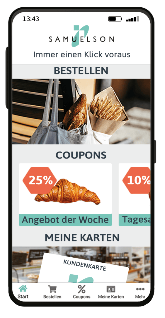 Auf dem Smartphone-Bildschirm wird eine Bäckerei-App in deutscher Sprache angezeigt, mit Kategorien für Bestellungen, Coupons und Karten. Bilder von Brot und Croissants sind zu sehen, mit Rabatten wie „25% Angebot der Woche“ und „10% Tagesangebot“.
