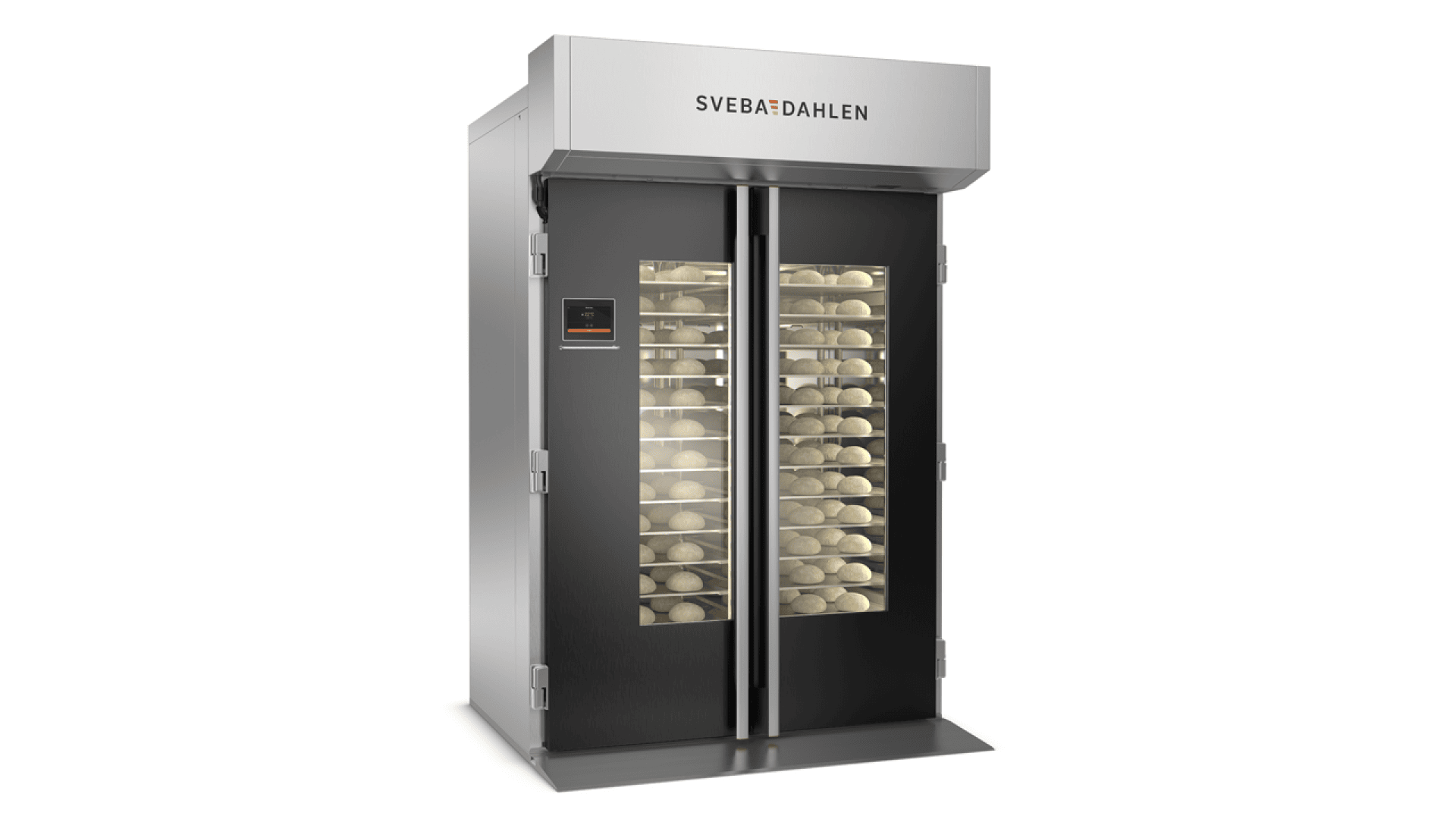 A large industrial bread oven with glass doors, displaying multiple trays of dough inside. The oven has a control panel on the left door and is labeled SVEBA DAHLEN at the top.