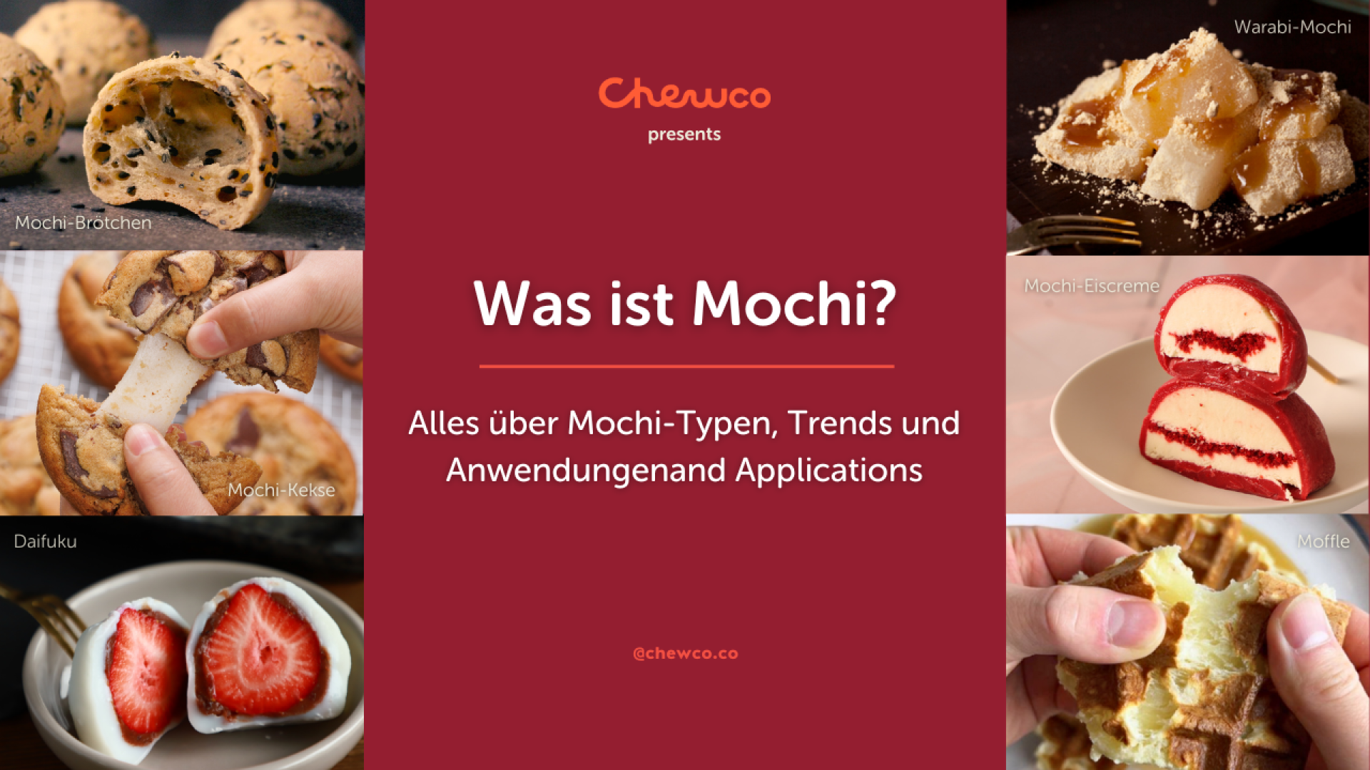 Eine Collage zum Thema Mochi mit verschiedenen Mochi-Sorten wie Mochi-Brot, Mochi-Waffeln, Daifuku, Warabi-Mochi, Mochi-Eis und Moffle, mit einem deutschen Text in der Mitte, der in Mochi-Themen und -Trends einführt.