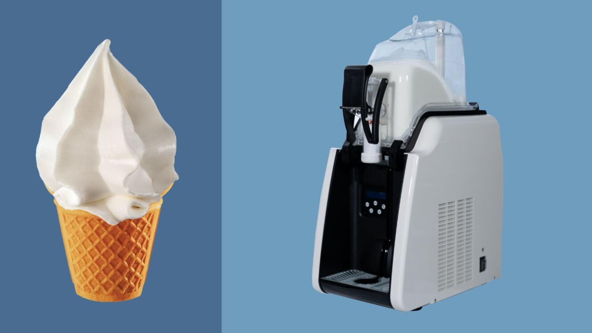 A vanilla soft serve ice cream cone is shown on the left, and a commercial soft serve ice cream machine is on the right, both set against a plain blue background.