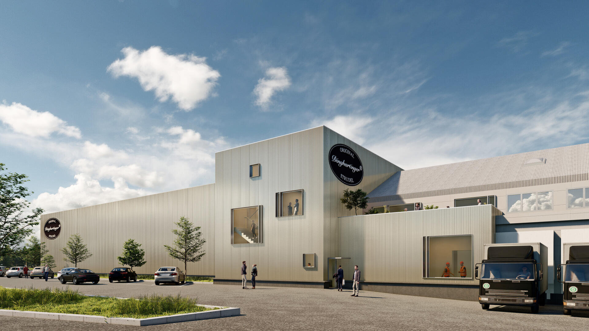 Ein modernes Industriegebäude mit großen Fenstern und einem runden Schild mit der Aufschrift „Sugarhall“, umgeben von parkenden Autos, Fußgängern und Lieferwagen unter einem teilweise bewölkten blauen Himmel.