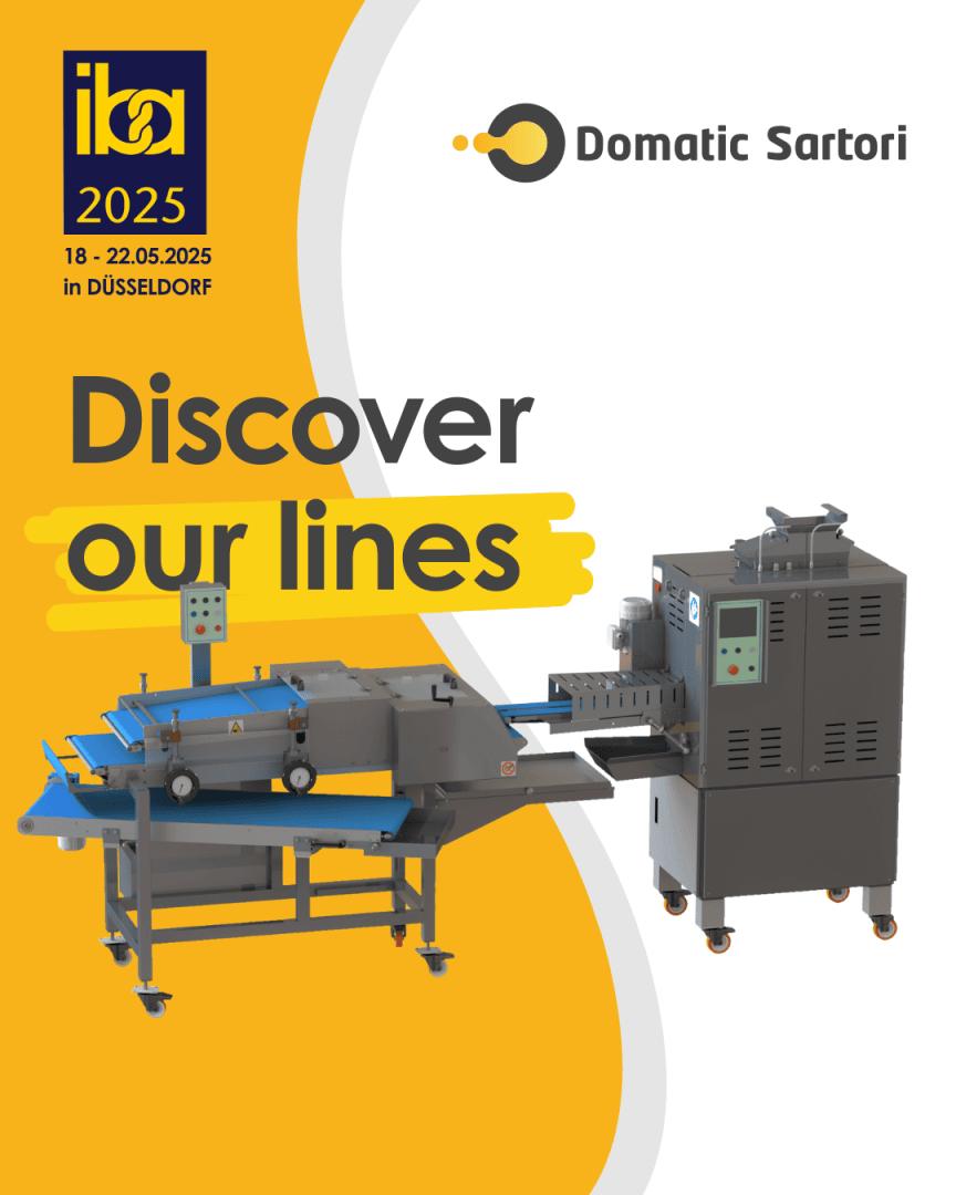 Promotional poster for “ita 2025” in Düsseldorf featuring the Domatic Sartori logo and two industrial machines, with the slogan “Discover our lines” in bold yellow and black text.