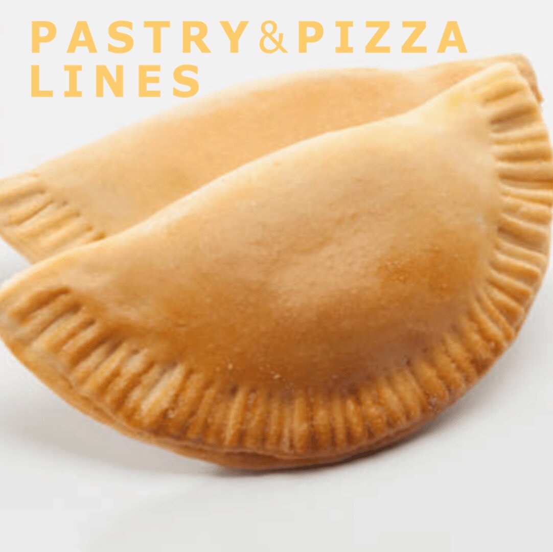 Two golden-brown, baked, half-moon pastries with crimped edges are stacked on a white background. Yellow text reads “PASTRY & PIZZA LINES” in the top left corner.