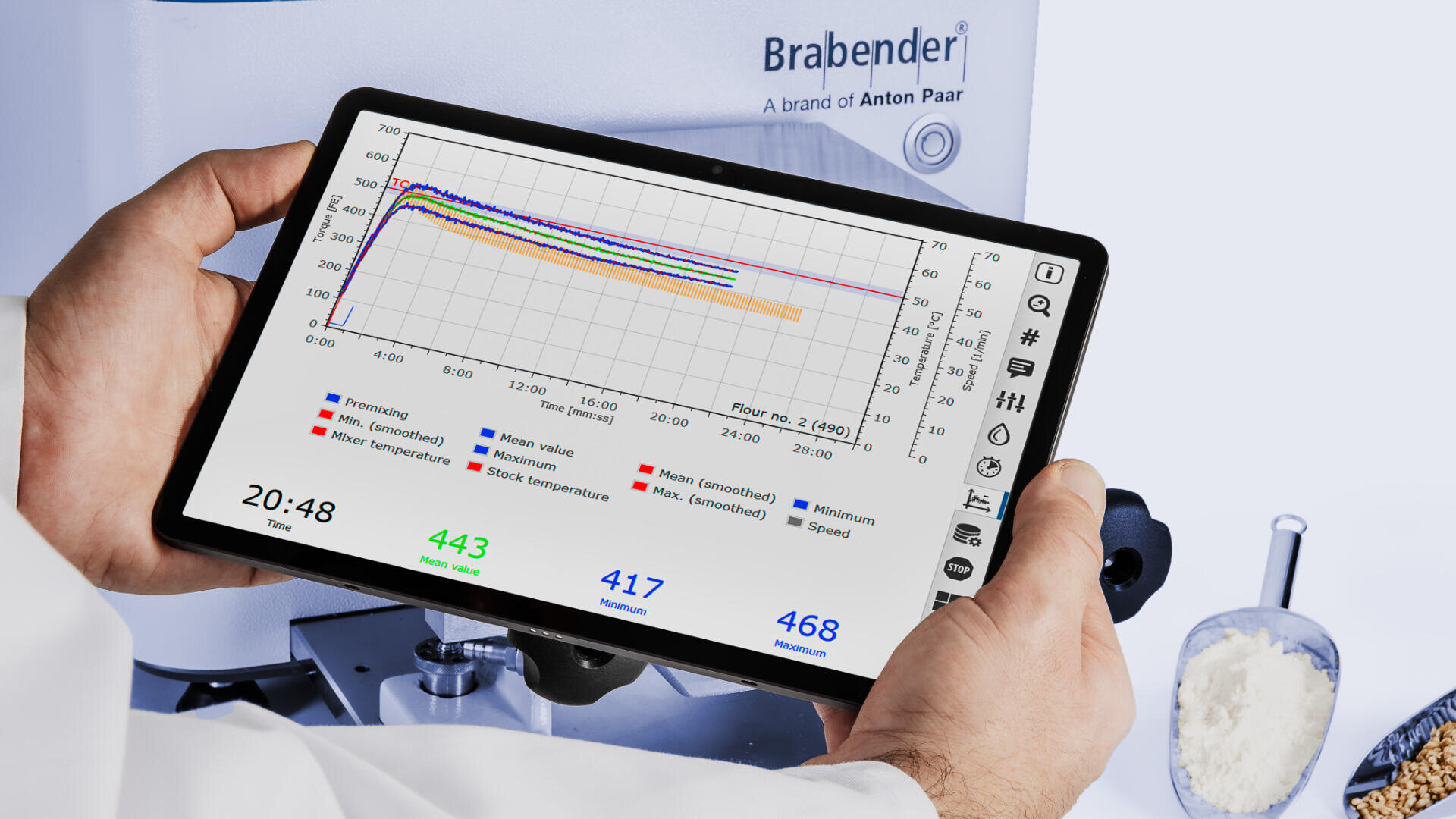Eine Person hält ein Tablet mit einem wissenschaftlichen Diagramm und einer Datenanalyse vor einer Laborausrüstung, auf der der Markenname Brabender zu sehen ist, und stellt eine kleine Schale mit weißem Pulver und einen Löffel daneben.