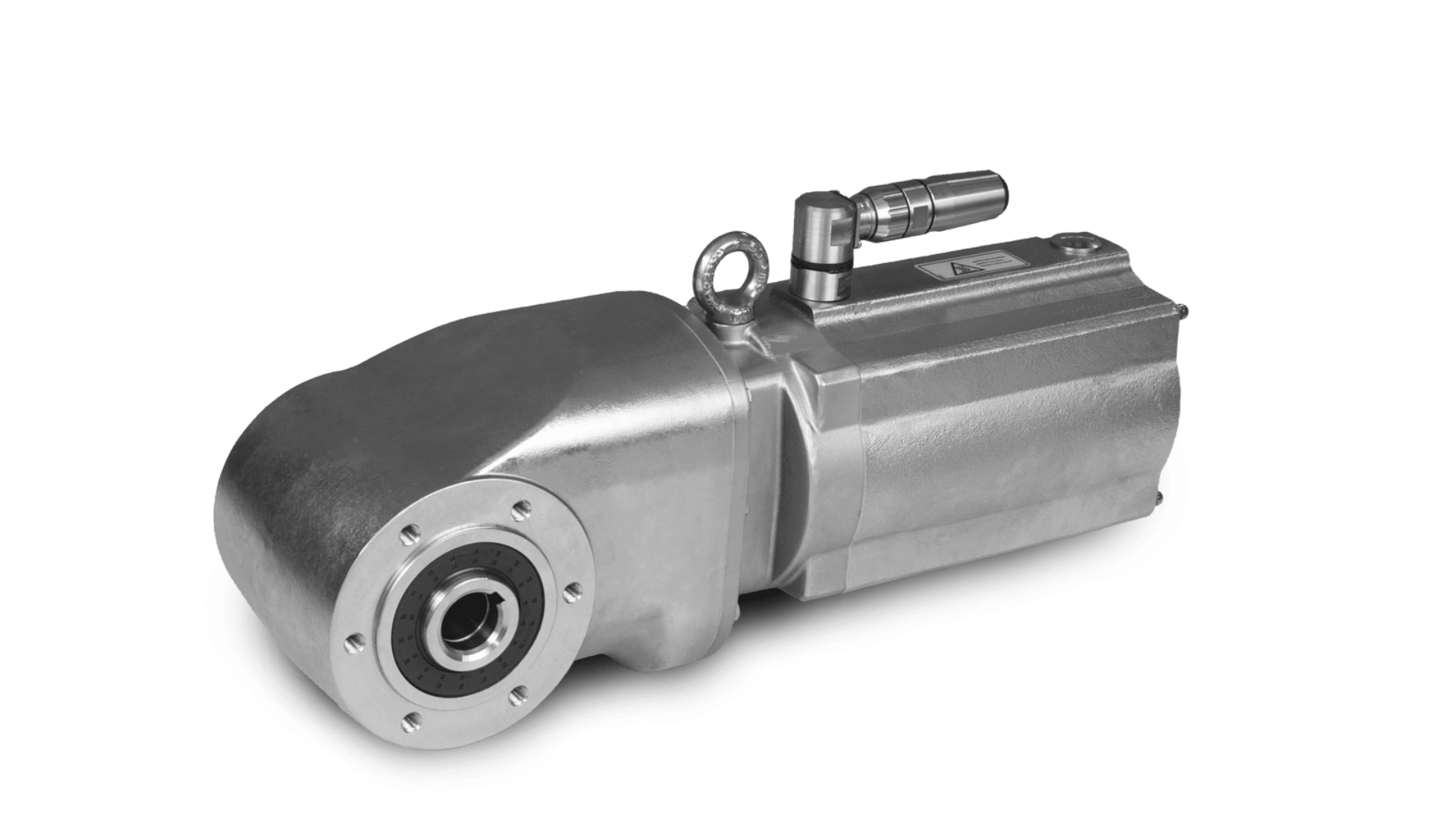 A silver industrial gear motor with a cylindrical housing and a connector on top, placed on a white background.