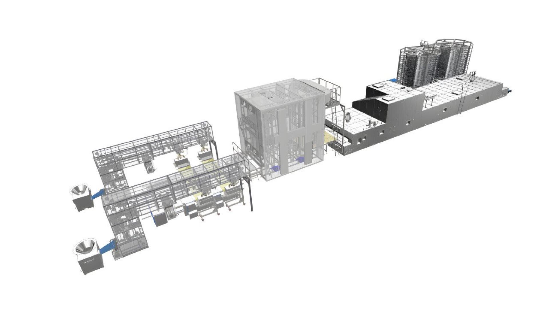 Ein 3D-gerendertes Diagramm einer industriellen Produktionslinie mit miteinander verbundenen Maschinen, Förderbändern, Plattformen und mehreren großen Verarbeitungseinheiten. Die Ausrüstung erscheint modern und ist in einer linearen Abfolge angeordnet.