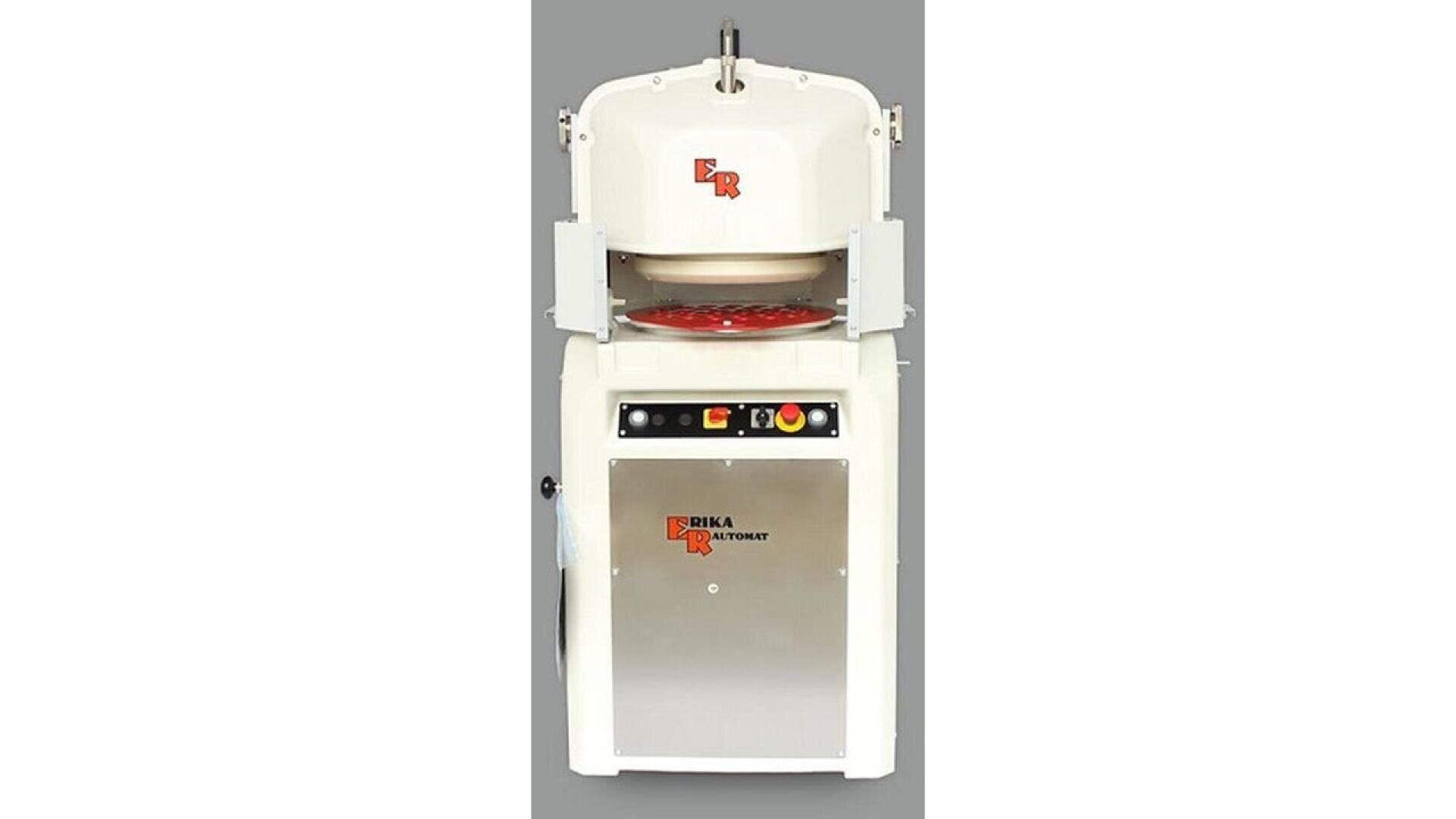 A commercial dough divider and rounder machine with a white and stainless steel exterior, control buttons on the front panel, and the Erika Record logo displayed.