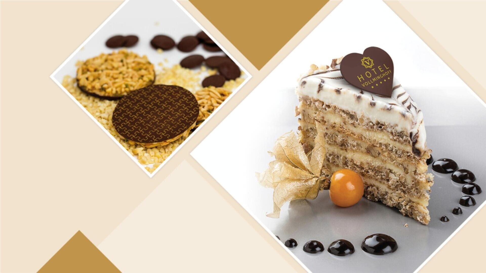 A layered cake slice with white icing and a chocolate topper, beside a golden berry and chocolate dots, is shown next to cookies with chocolate pieces and a chocolate patterned disc, all set on a geometric beige background.
