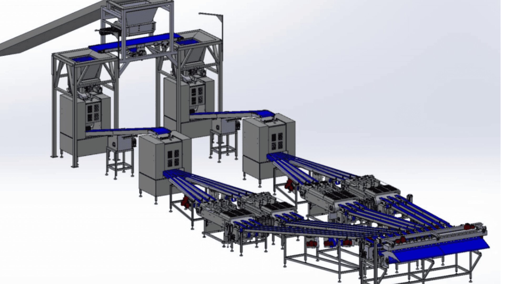 A 3D-rendered diagram of an automated conveyor belt system with metal frames, blue belts, and multiple processing stations, depicting an industrial food or material sorting and packaging line.