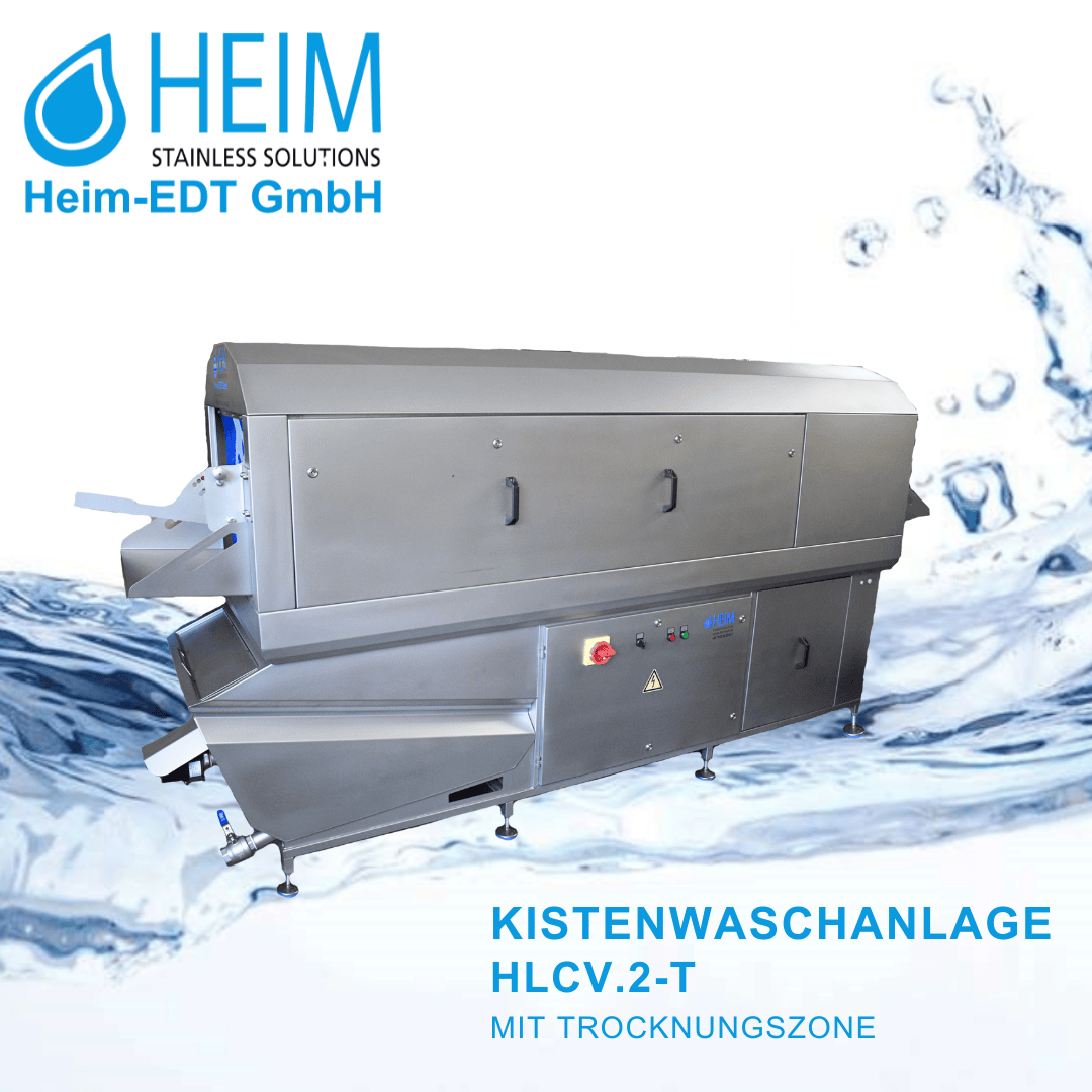Eine Industriewaschmaschine aus Edelstahl der Heim-EDT GmbH steht vor einem Hintergrund mit Wasserspritzern. Der blaue Text lautet: "KISTENWASCHANLAGE HLCV.2-T MIT TROCKNUNGSZONE.".