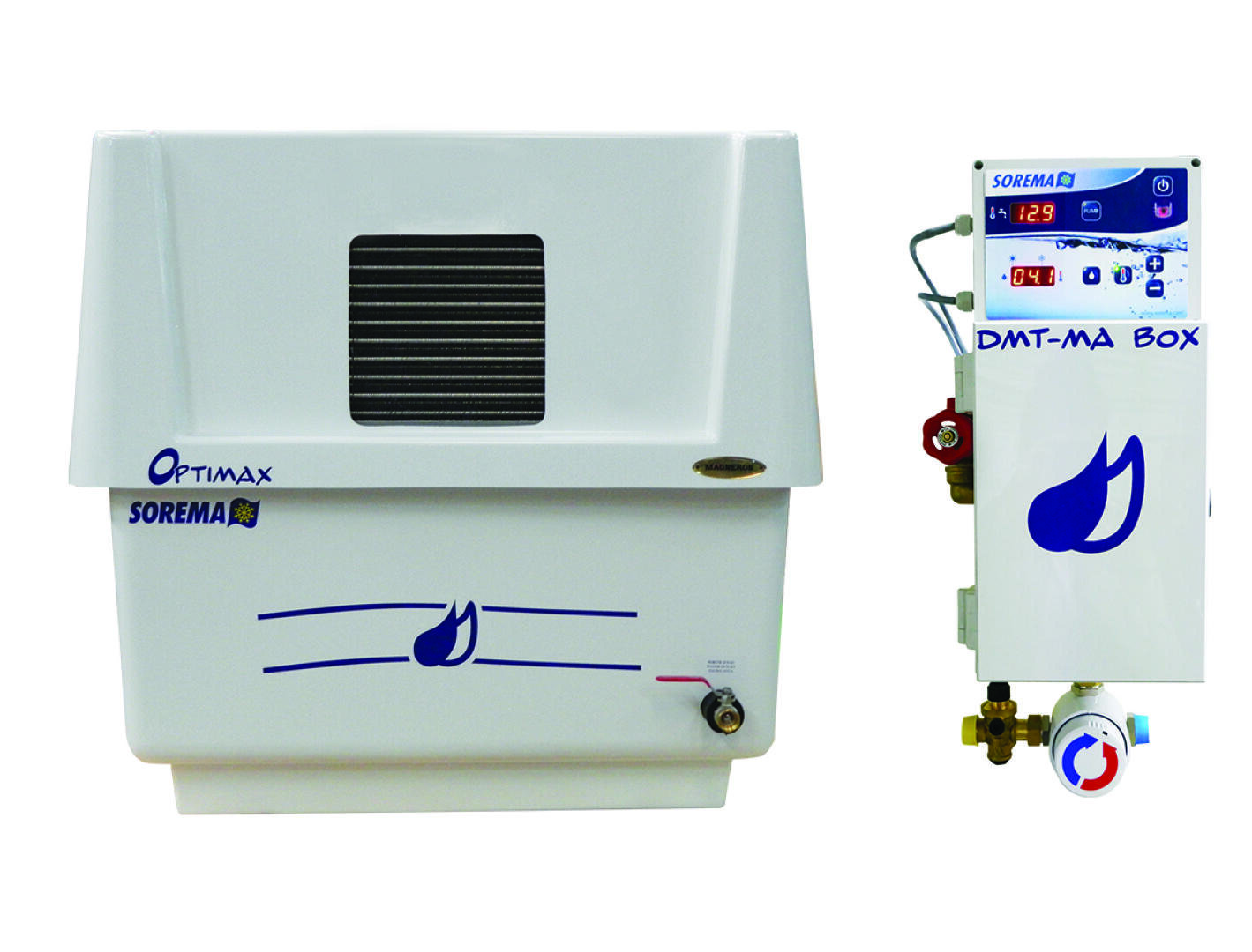 A black machine labeled Optimax SOREMA with a yellow flame icon, alongside a control box labeled DMT-MA BOX featuring digital displays, buttons, and pipes, all on a black background.